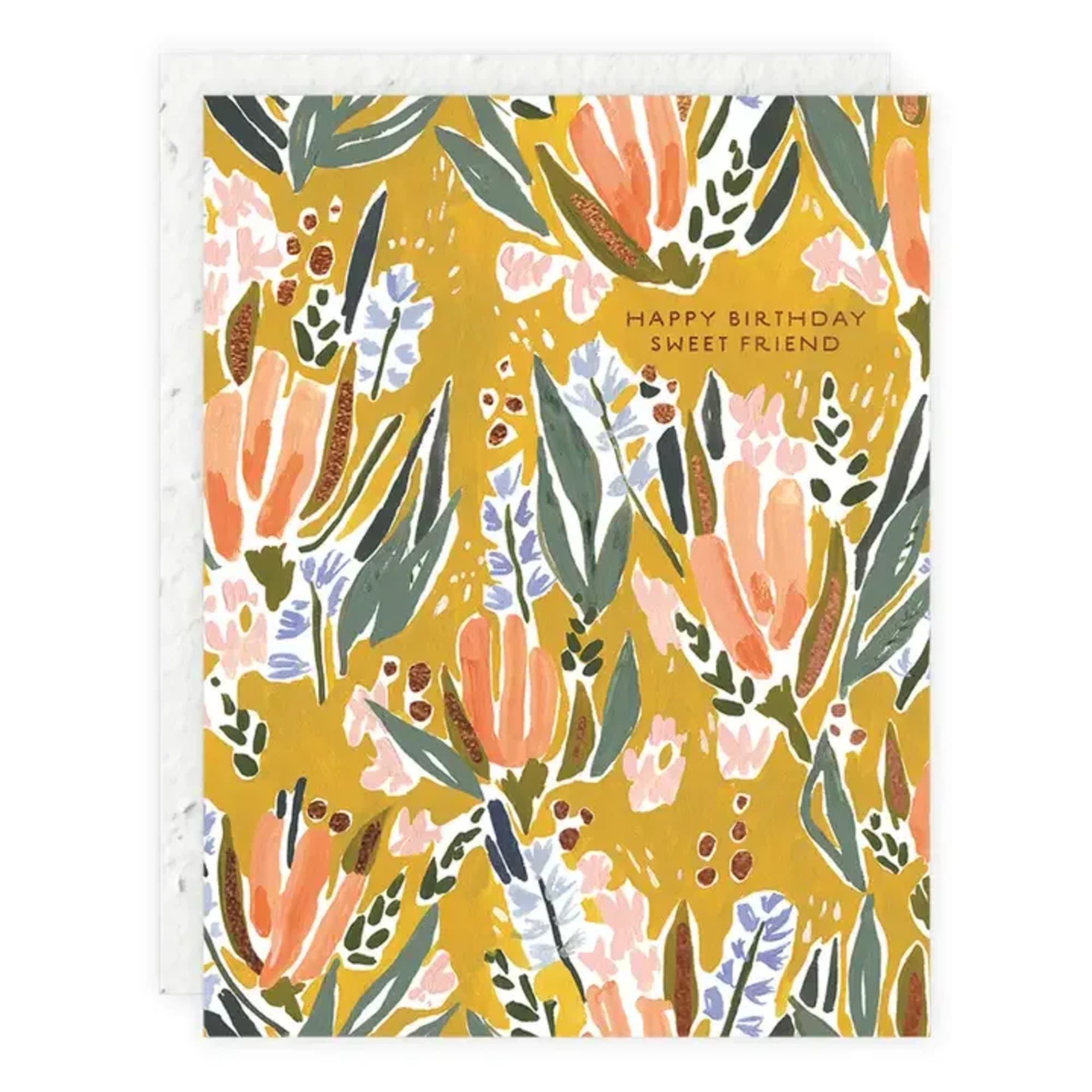 Floral birthday card with mustard background and "Happy Birthday Sweet Friend" text