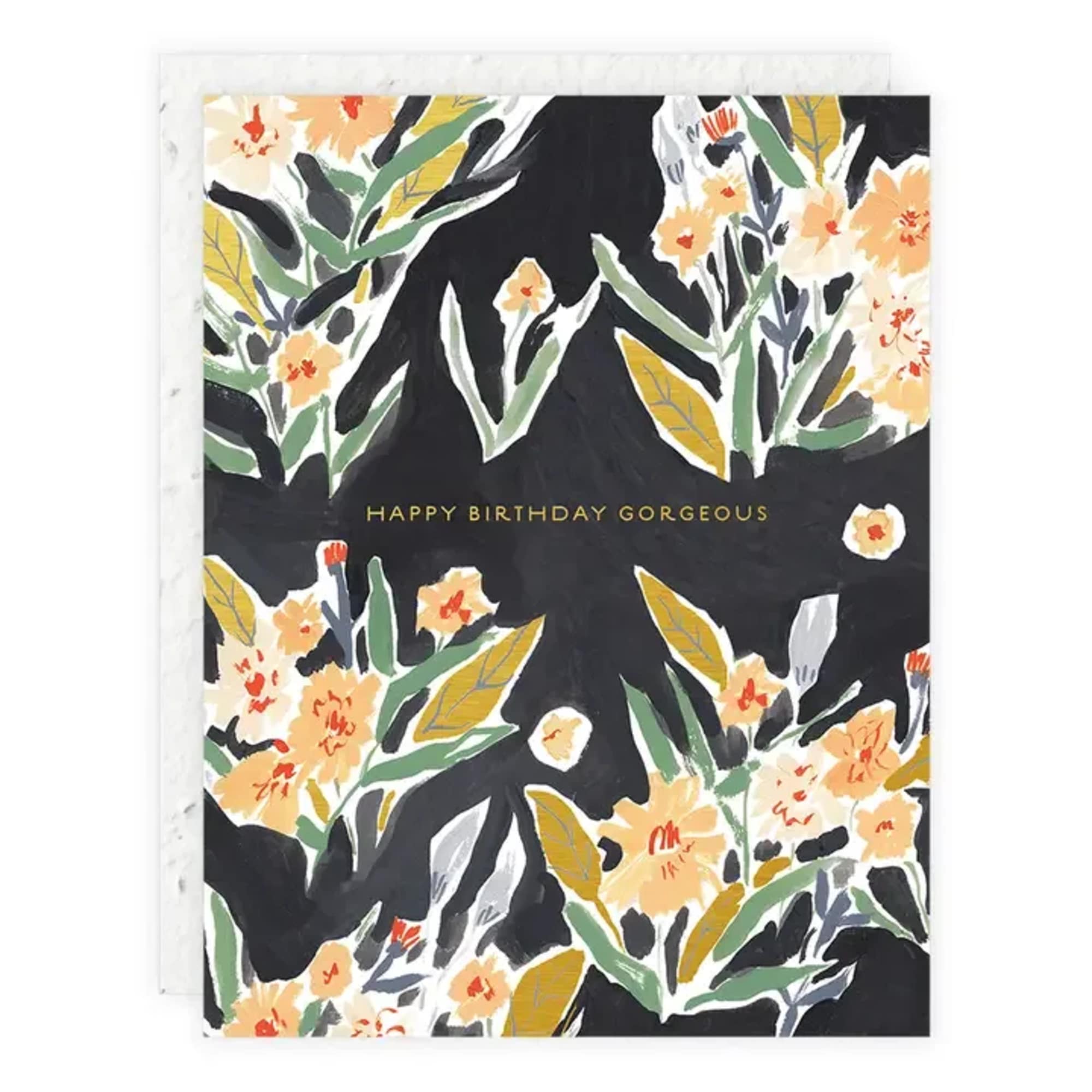 Floral birthday card with black background and gold text