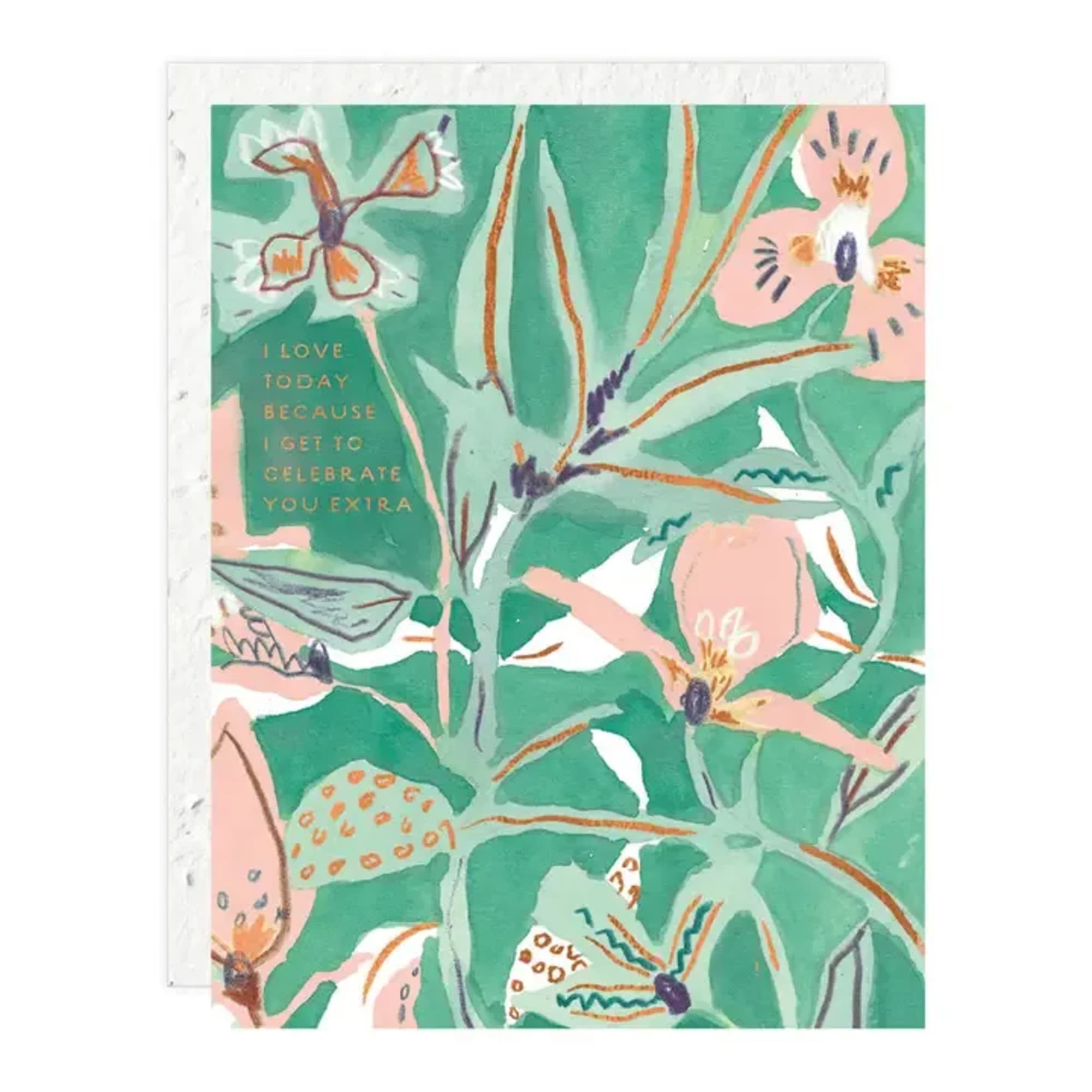 Floral greeting card with green and pink abstract flowers