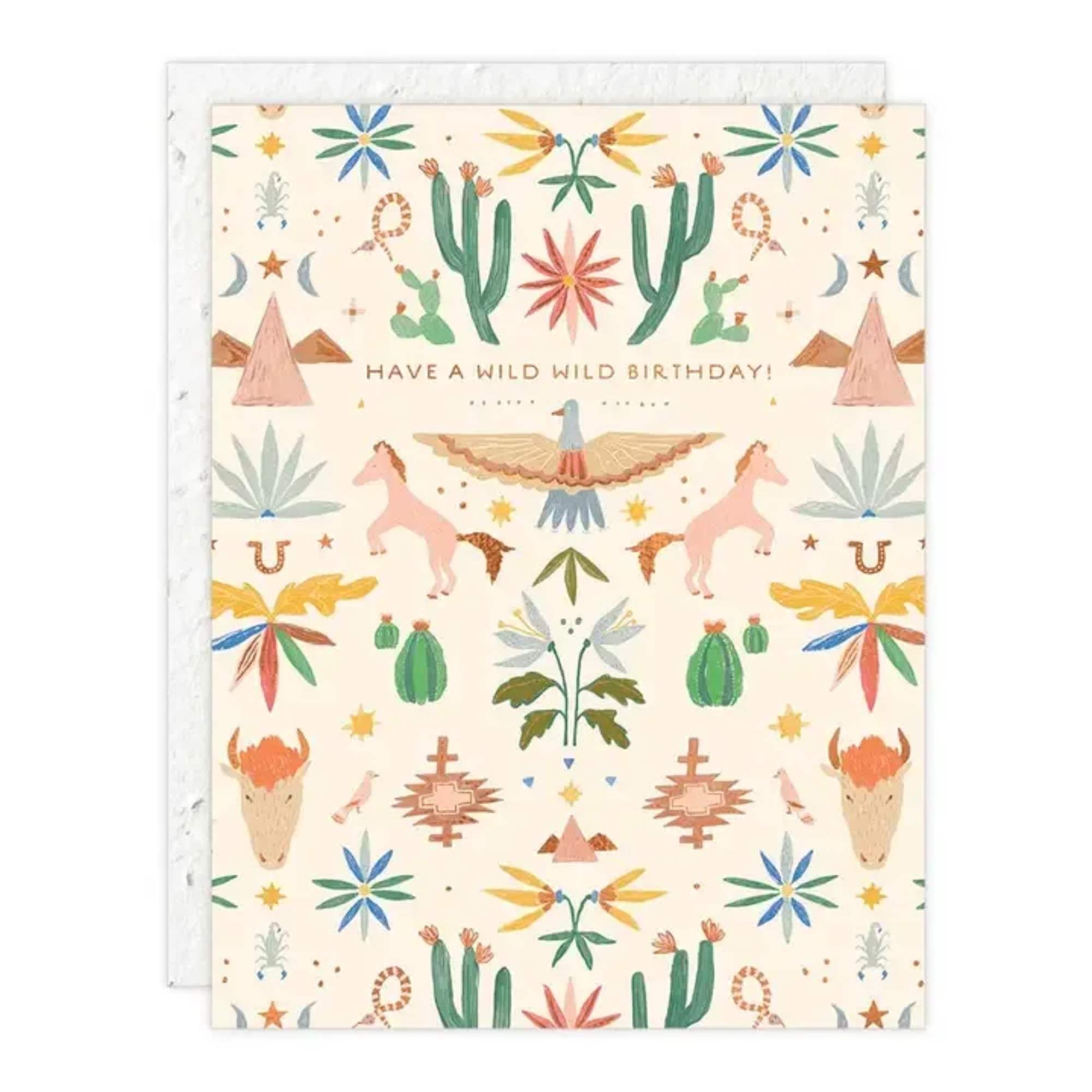 Birthday card with desert animals and cacti pattern