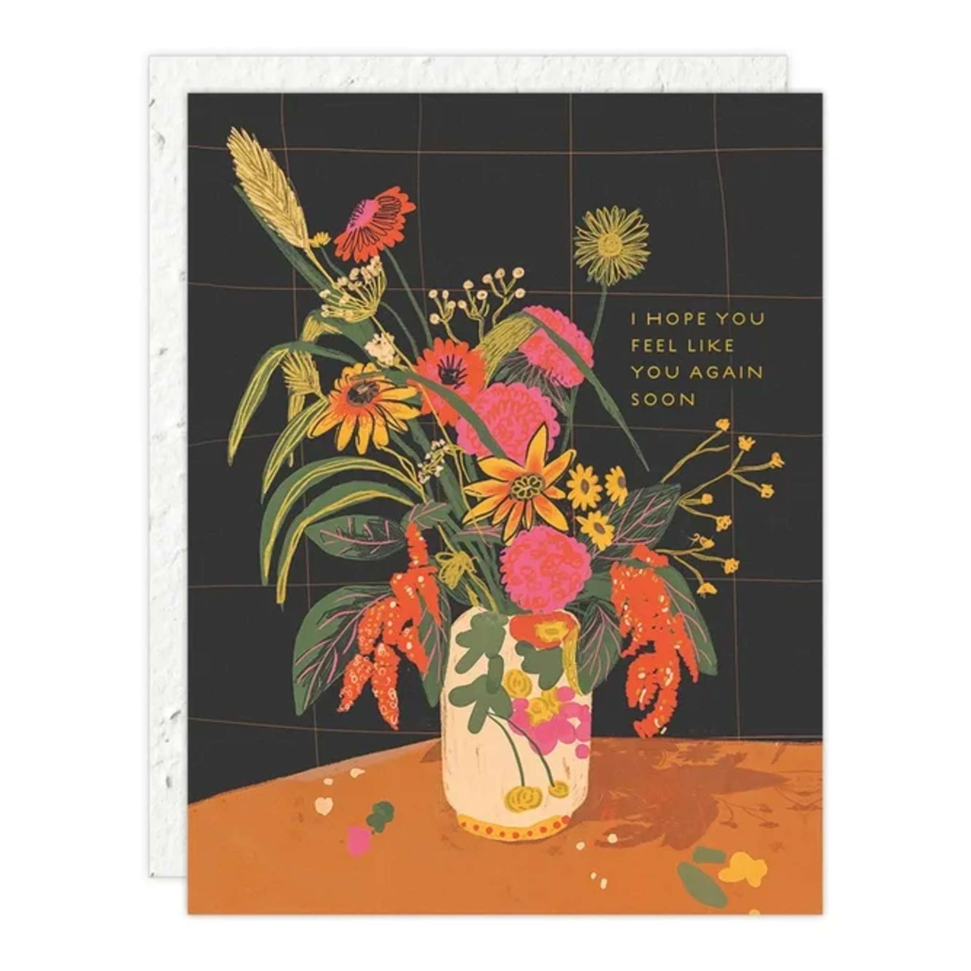 Floral get-well card with a vase of colorful flowers and the message "I hope you feel like you again soon"