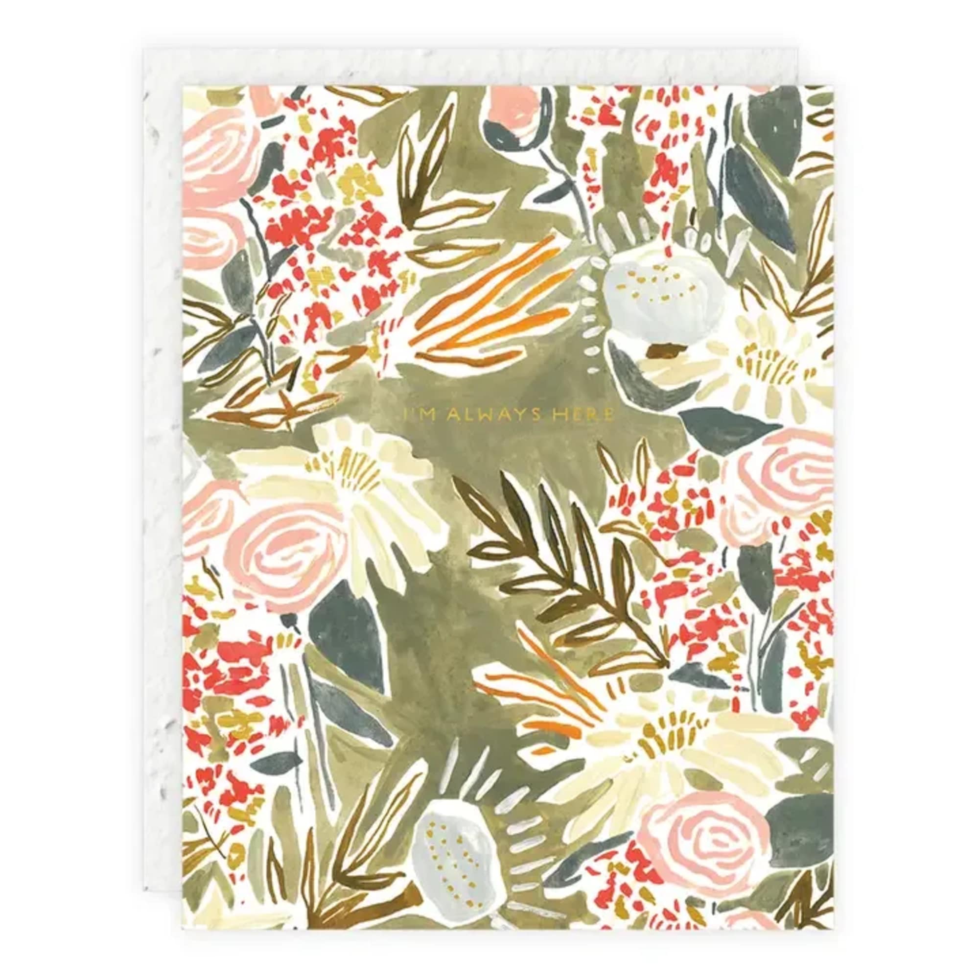 Floral-patterned card with pink, white, and olive botanical motifs