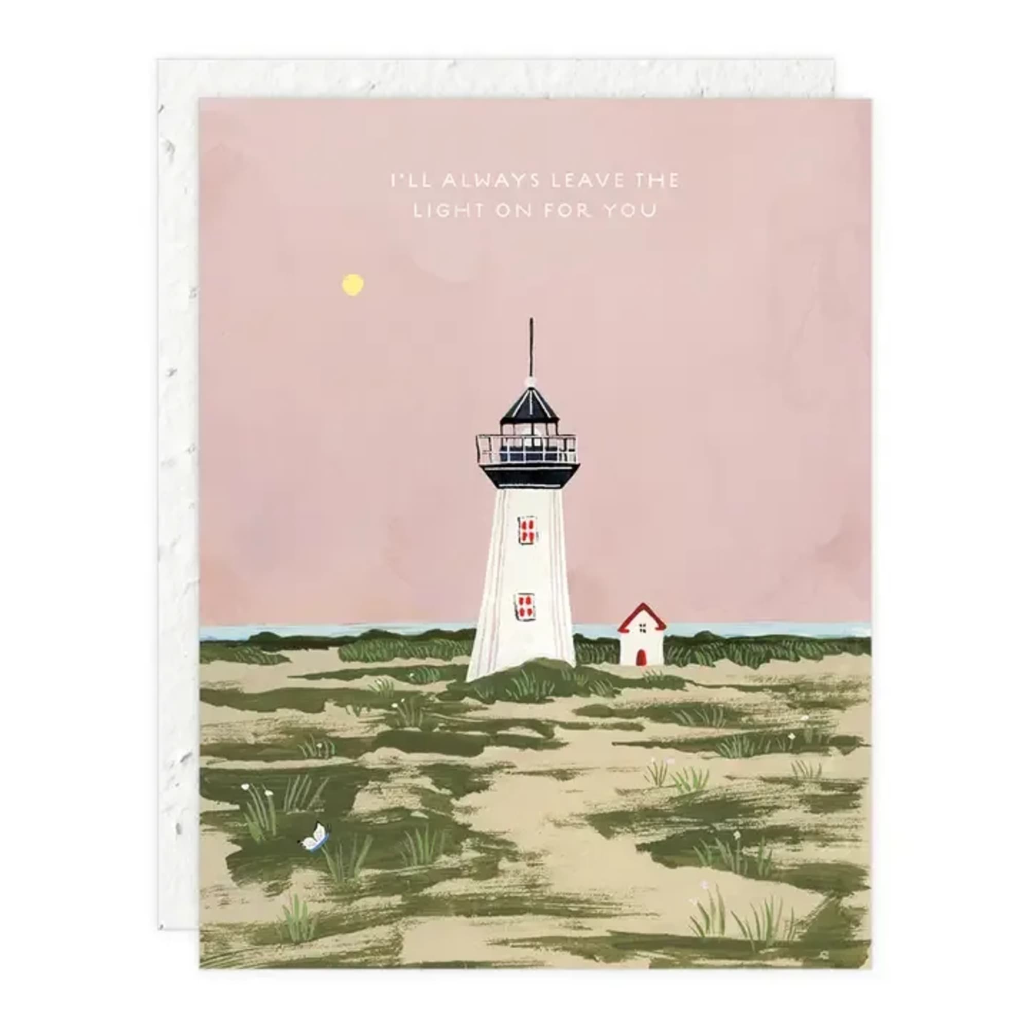 Greeting card with a lighthouse illustration and the text "I'll always leave the light on for you"