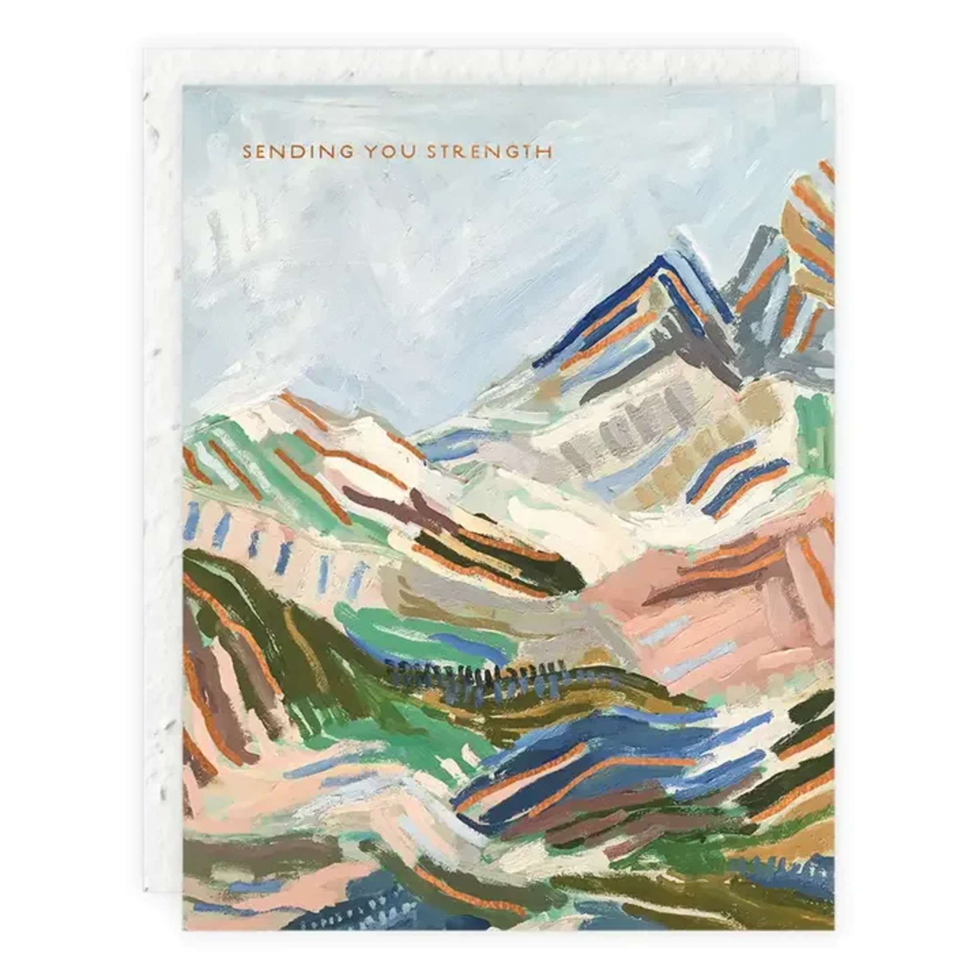 Greeting card with abstract mountain artwork and the words "Sending You Strength"