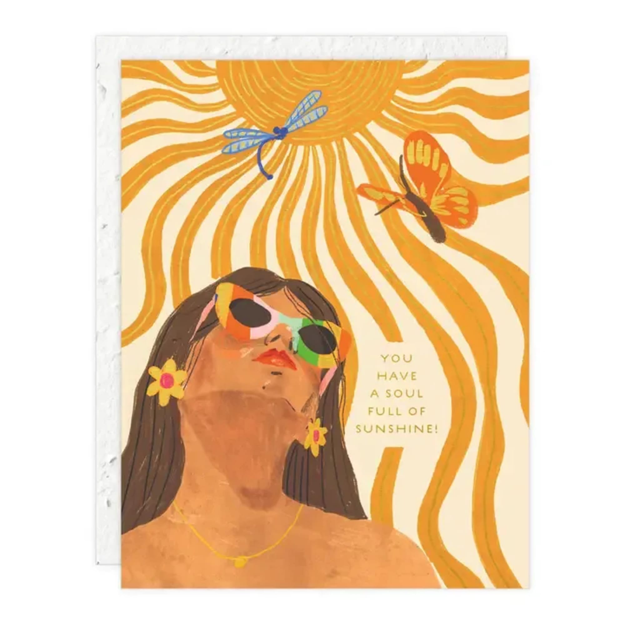 Illustrated greeting card with a woman, butterflies, and sunburst design