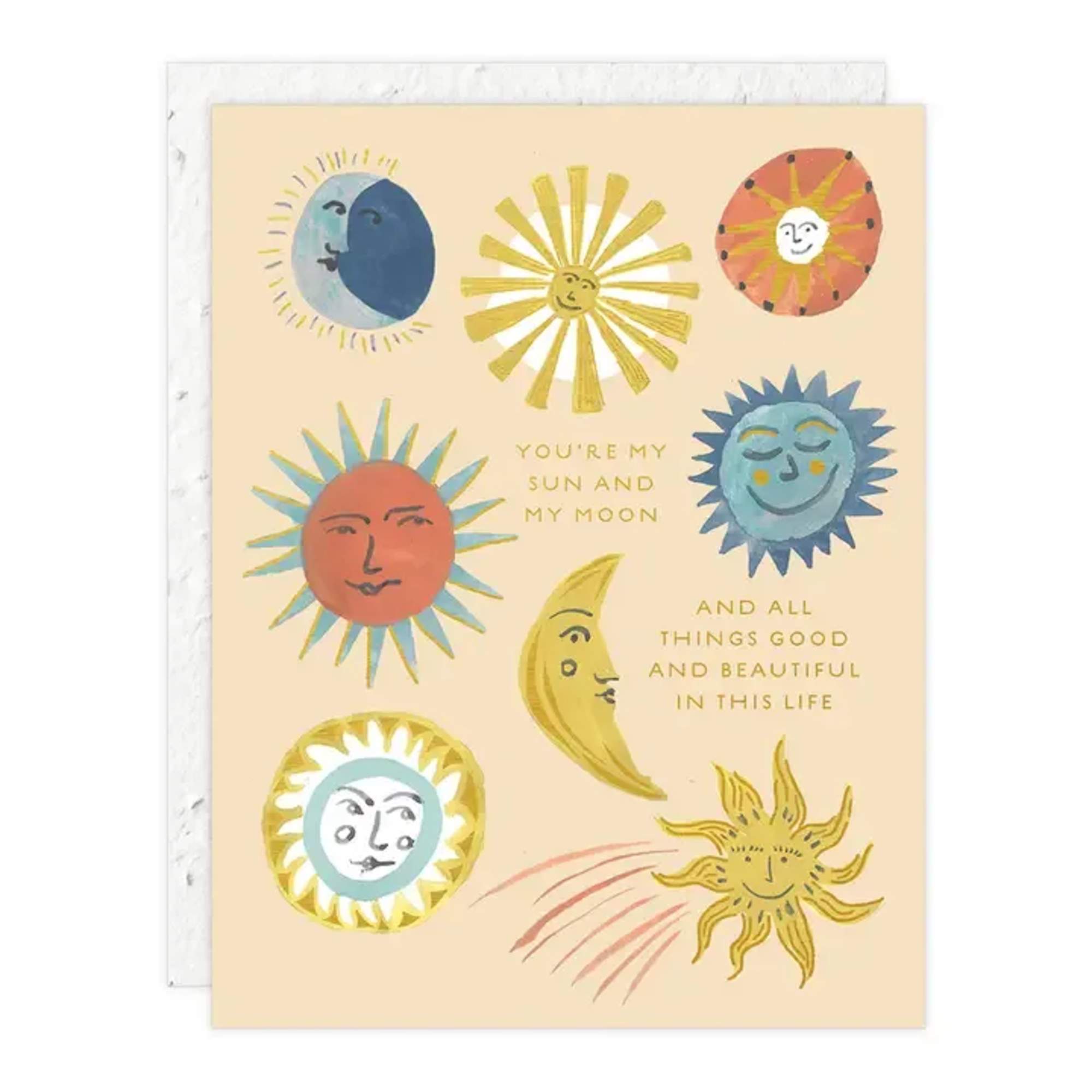 Illustrated greeting card with smiling suns and moons on a cream background