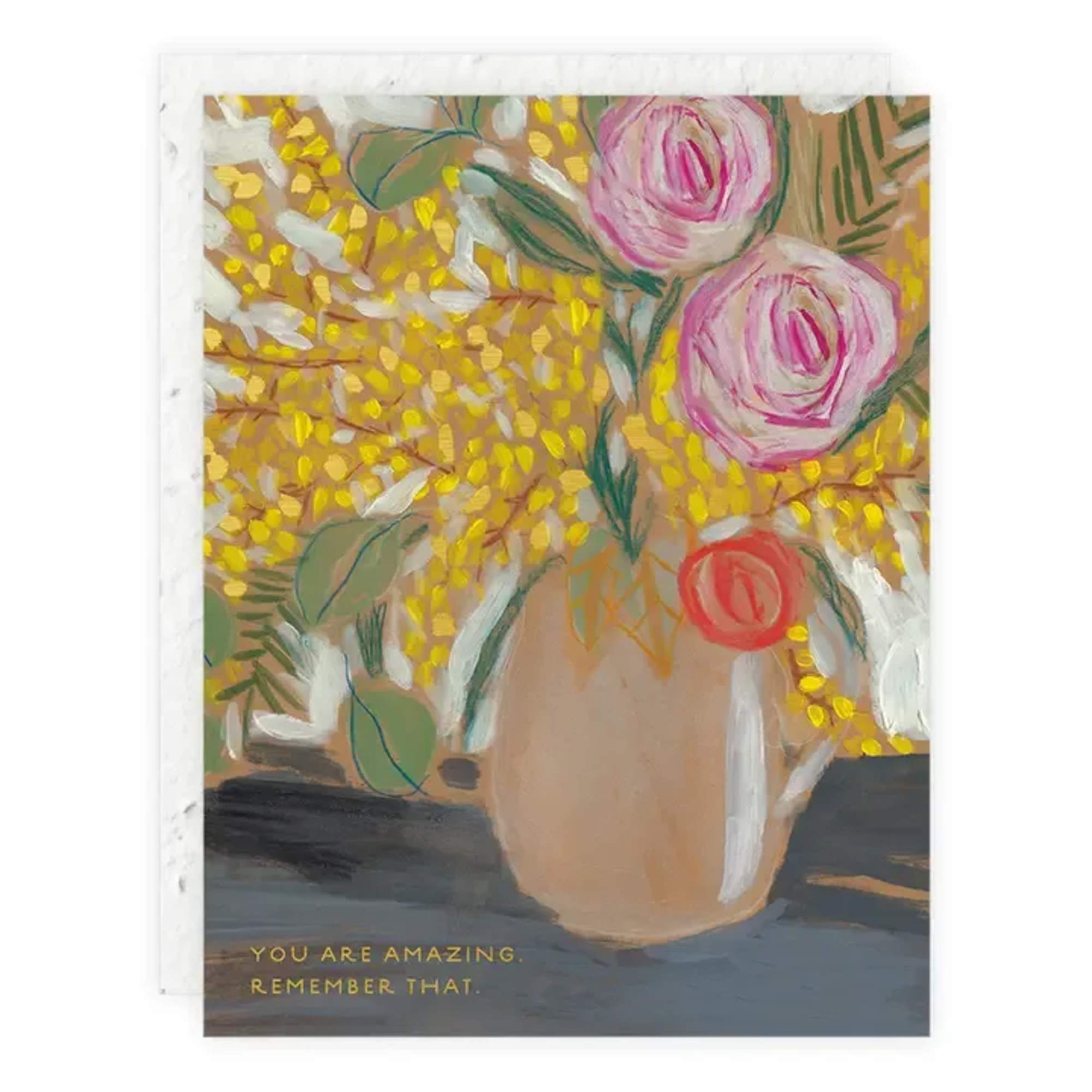 Floral greeting card with a painted vase of pink flowers and yellow blossoms