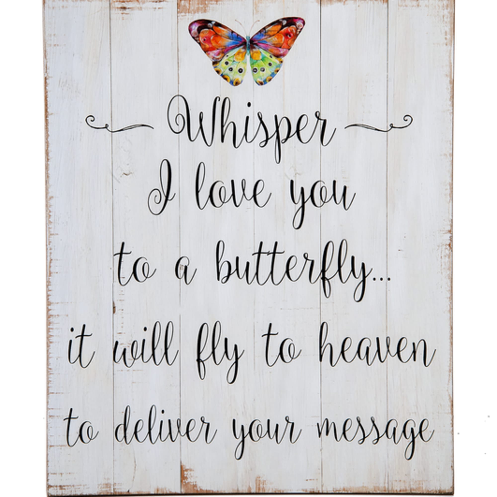 Wooden sign with a colorful butterfly and memorial text