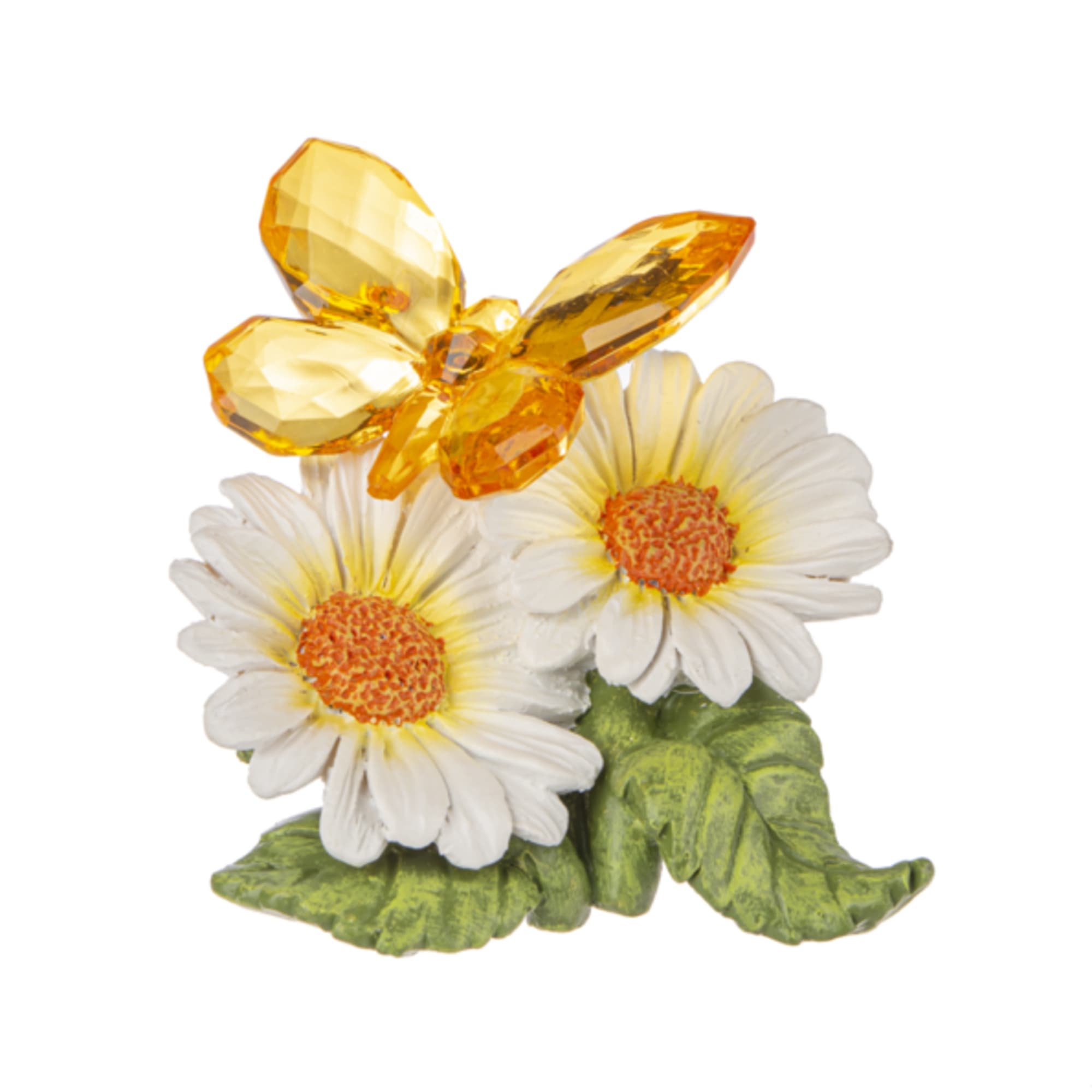Two white daisies with an amber butterfly accent