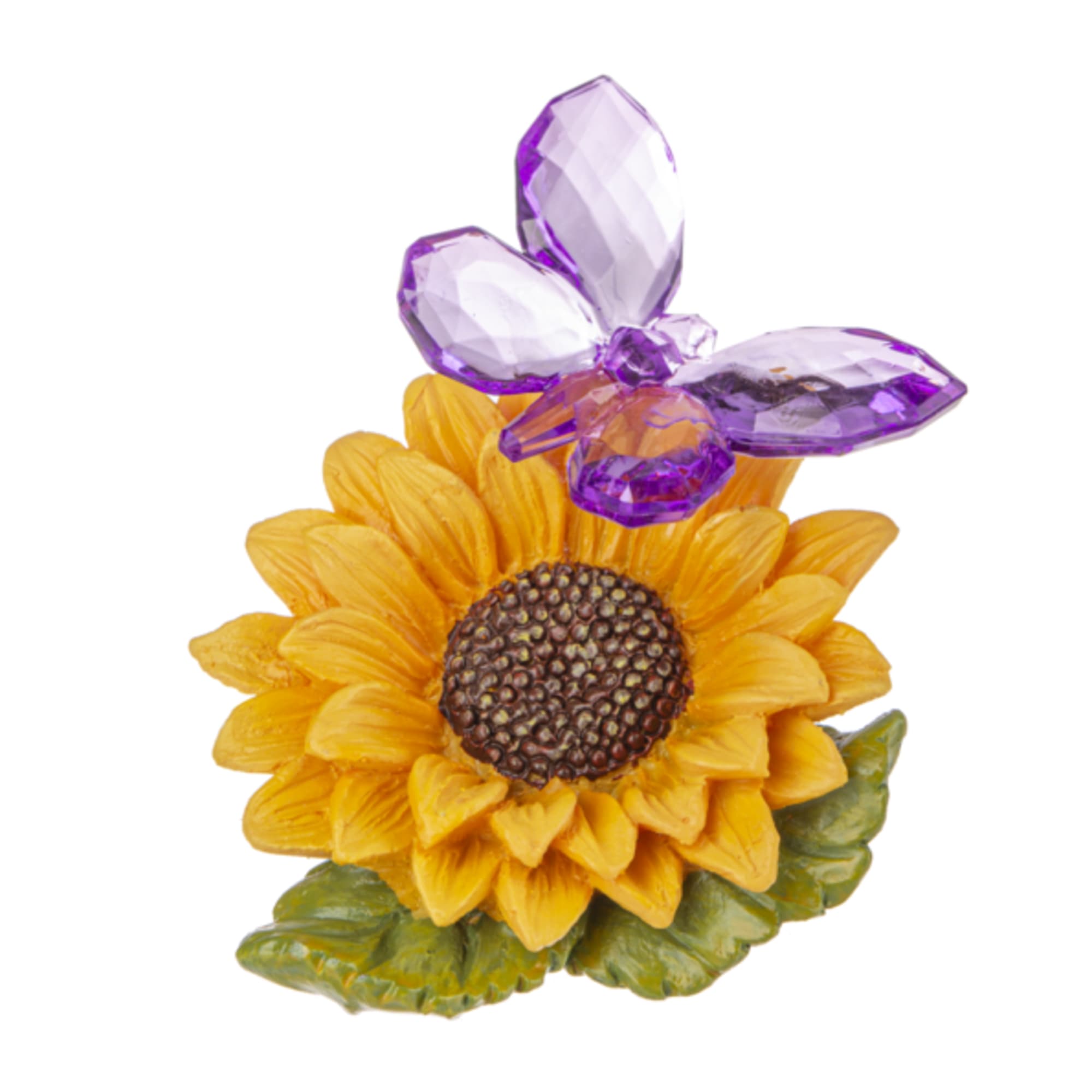 Sunflower figurine with a purple crystal butterfly on top