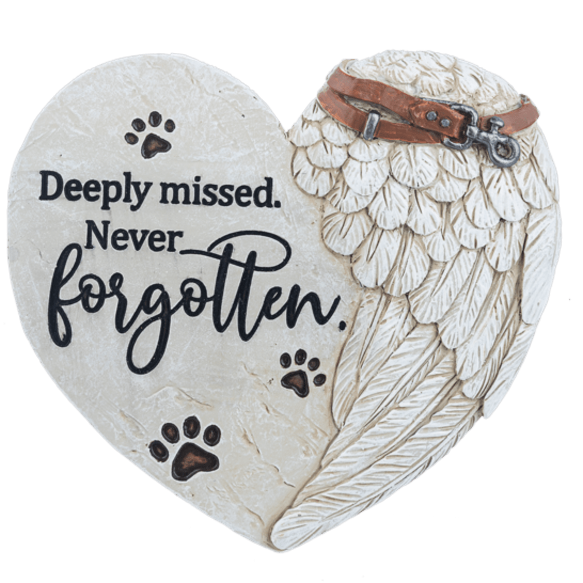 Heart-shaped memorial plaque with the words "Deeply missed. Never forgotten."
