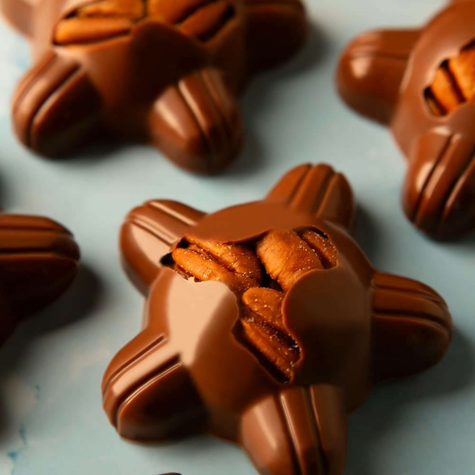 Chocolate-covered pecan candies on a light background