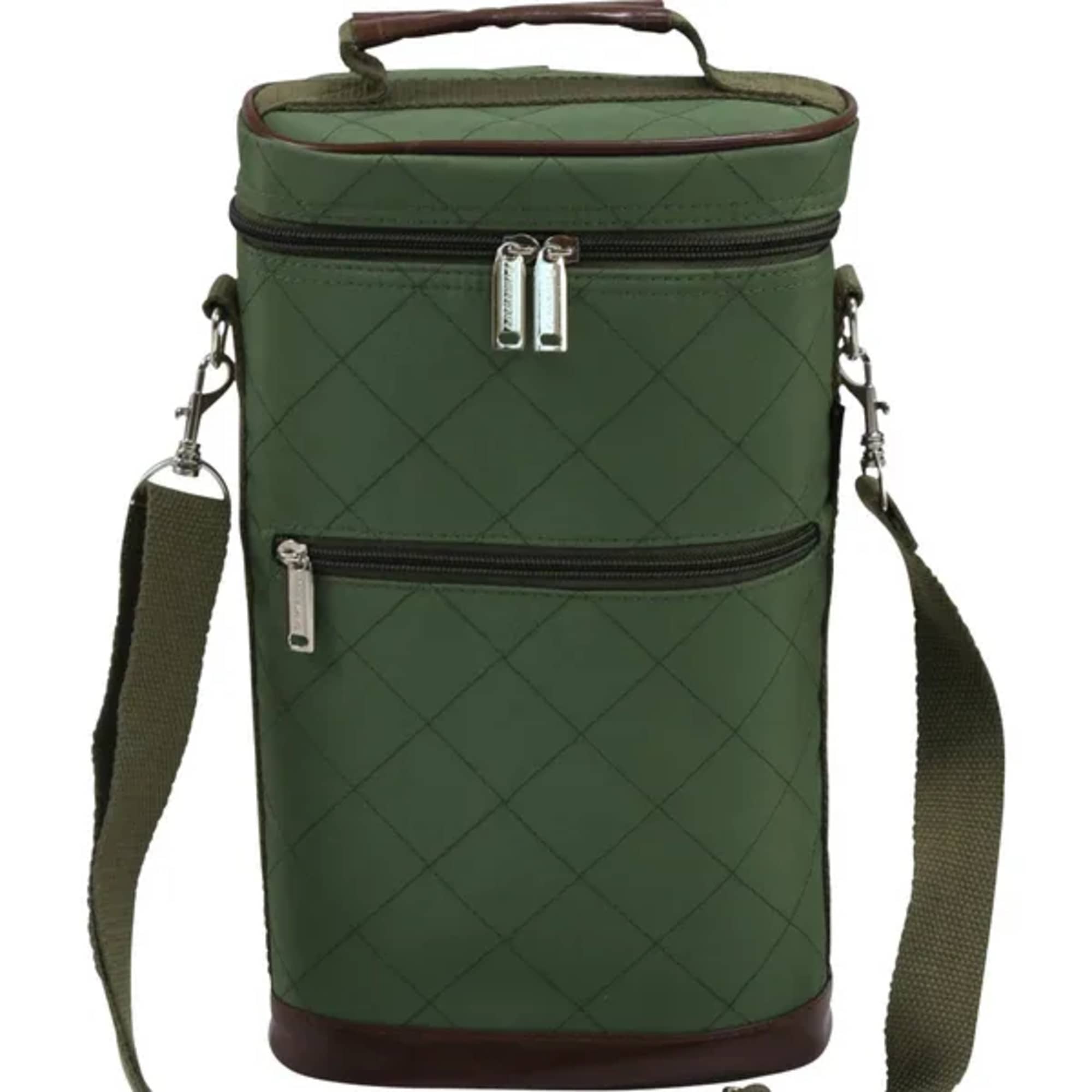 Green quilted insulated tote bag with zipper pockets and shoulder strap