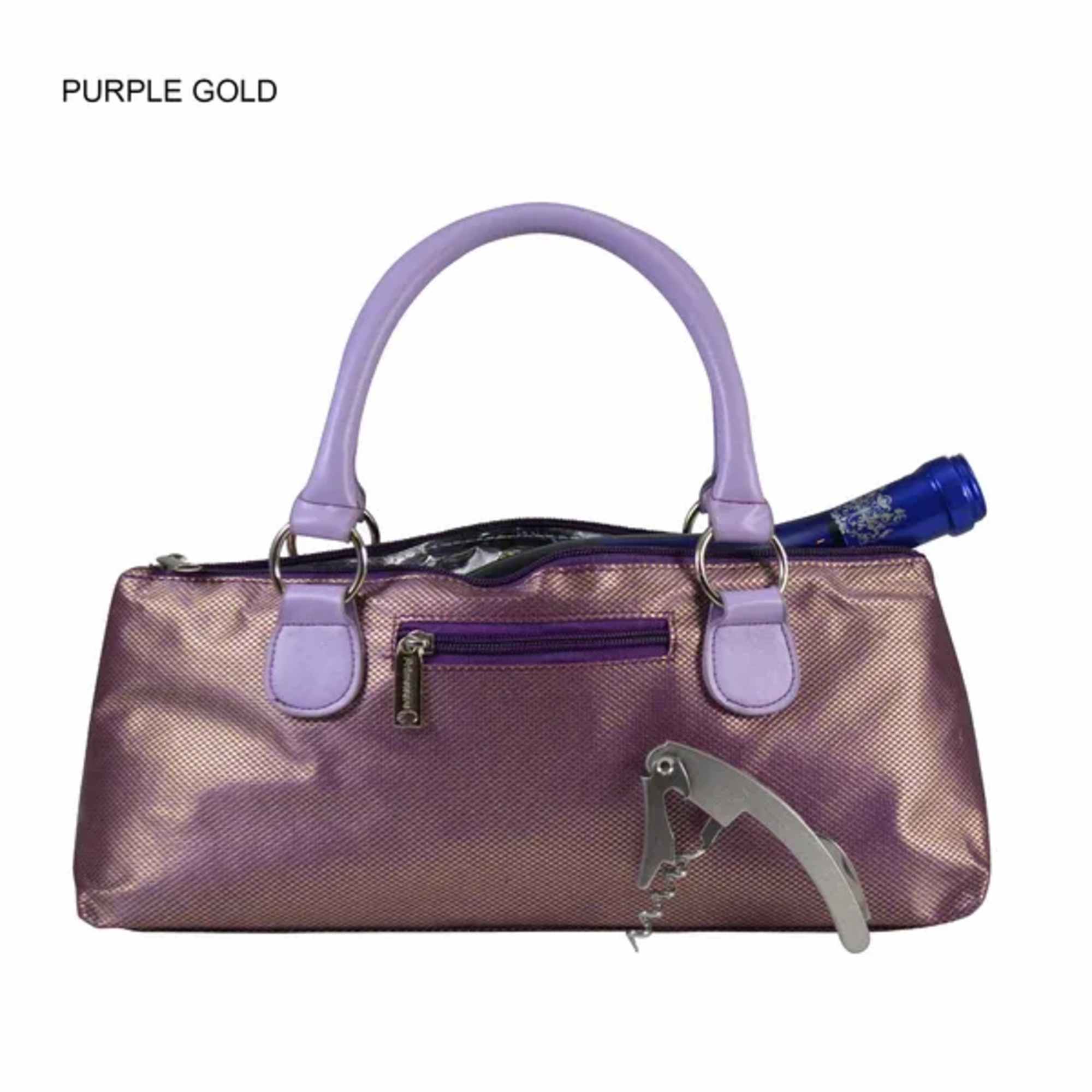 Purple metallic handbag with a bottle and corkscrew attached