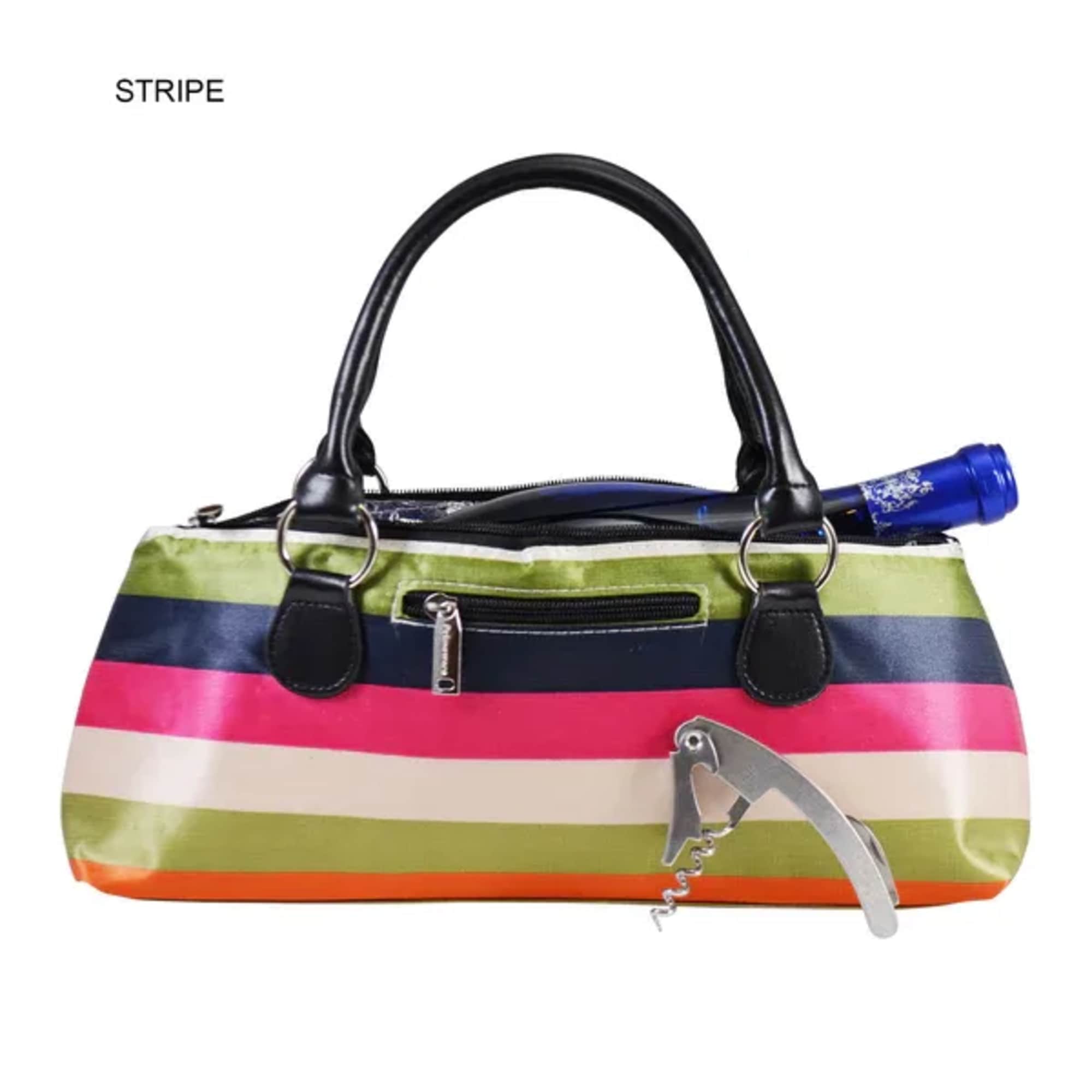 Striped handbag with a wine bottle and corkscrew
