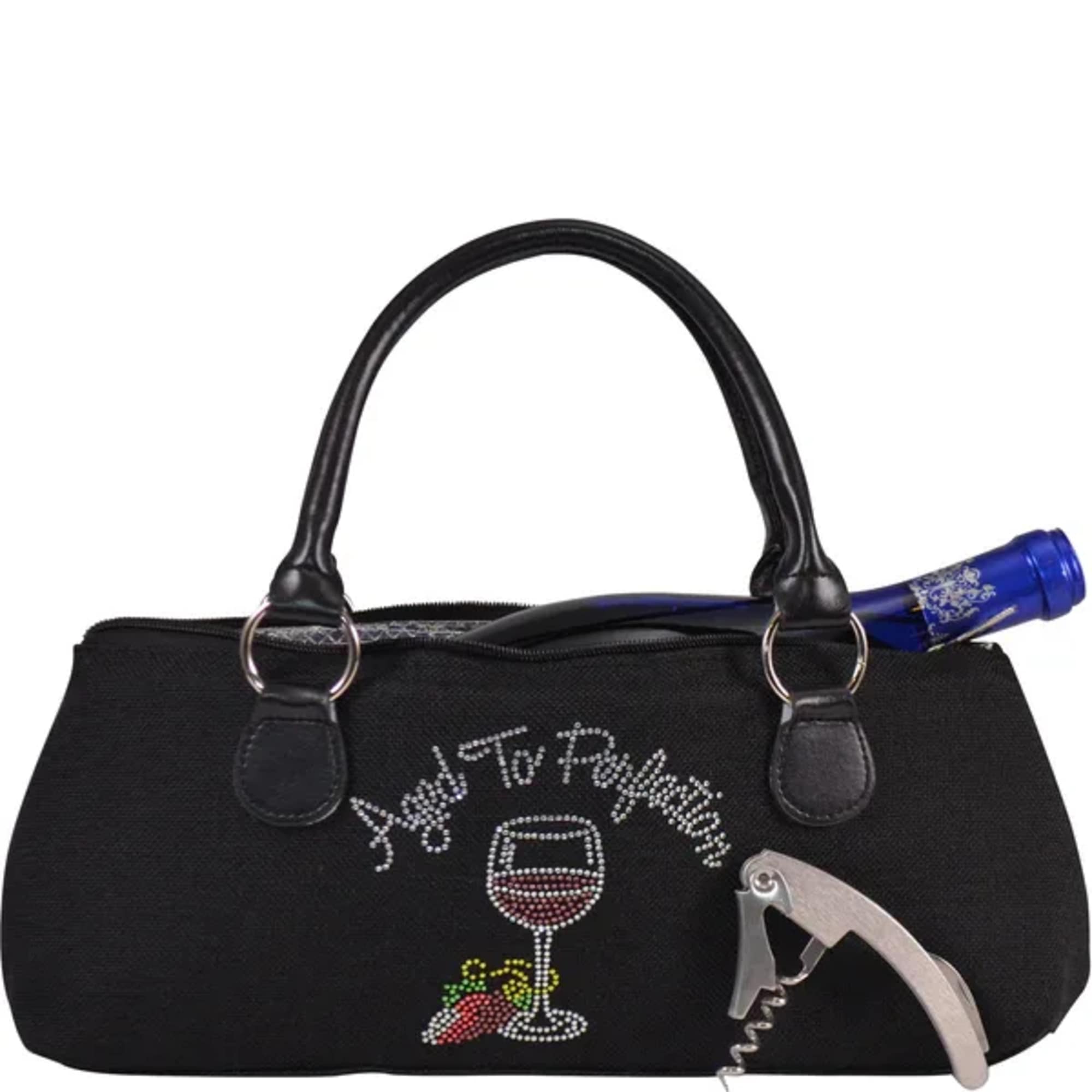 Black tote bag with a wine bottle and corkscrew
