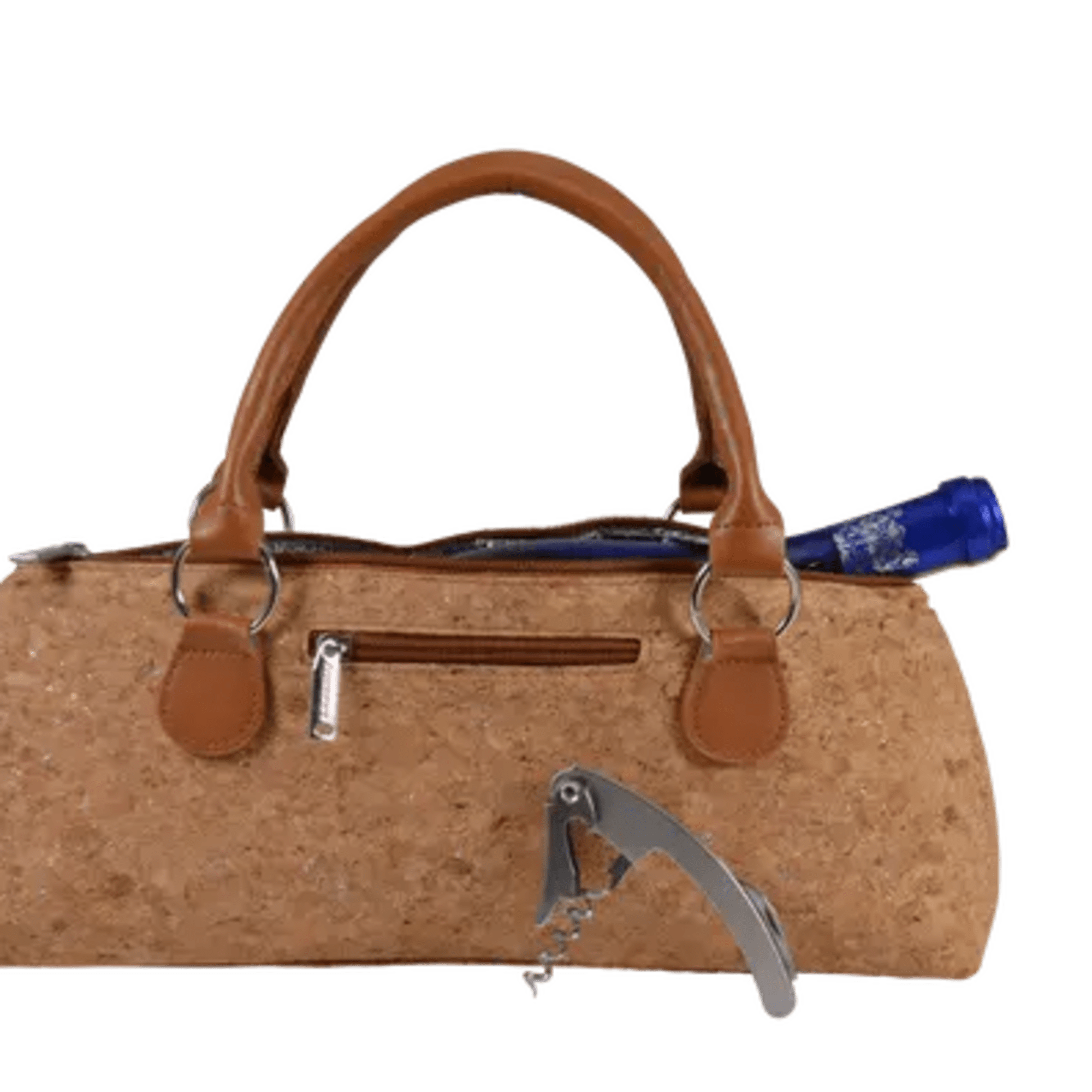 Cork handbag with brown handles and a blue bottle peeking out