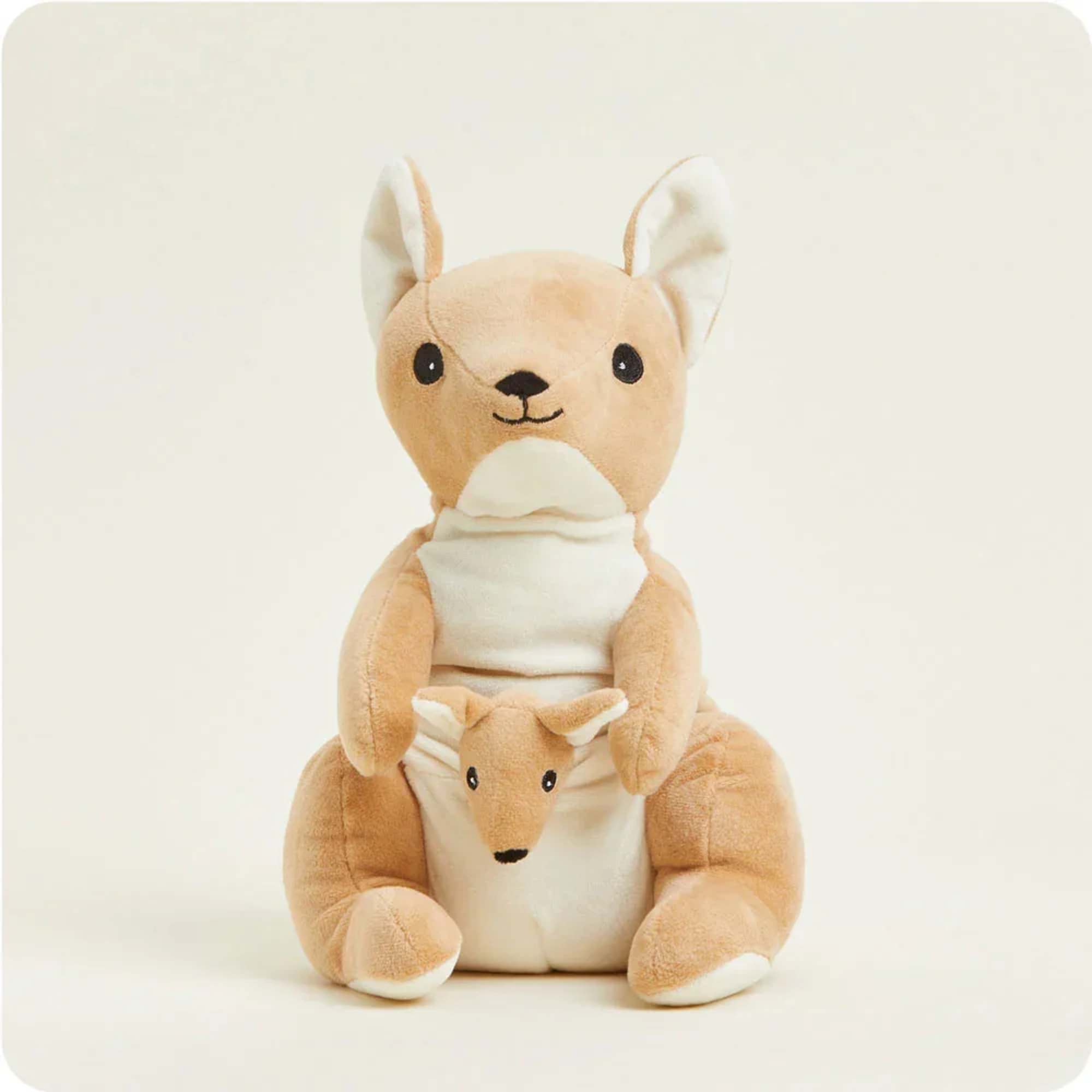Two plush kangaroo toys stacked on a plain background