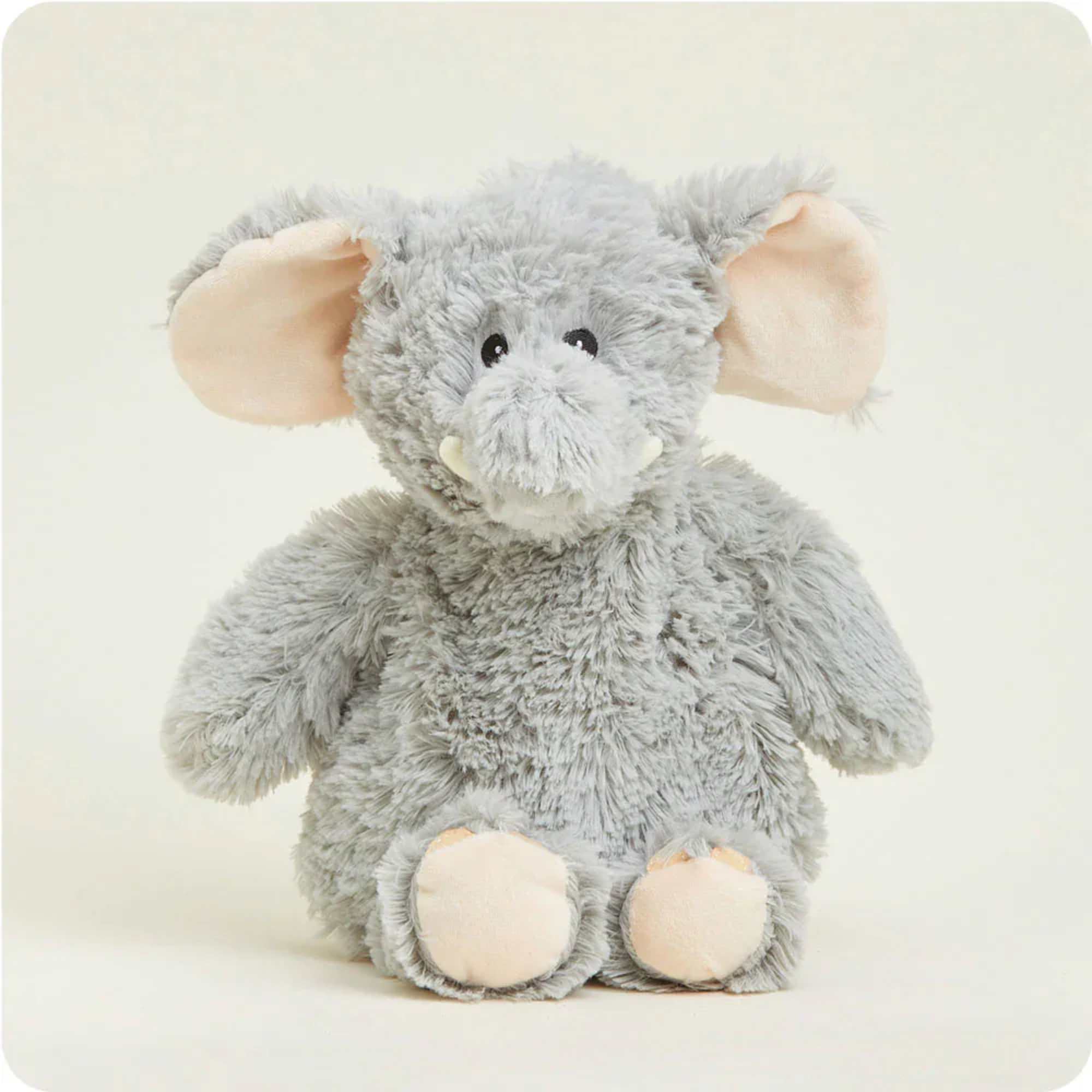 Gray plush elephant toy with large pink ears
