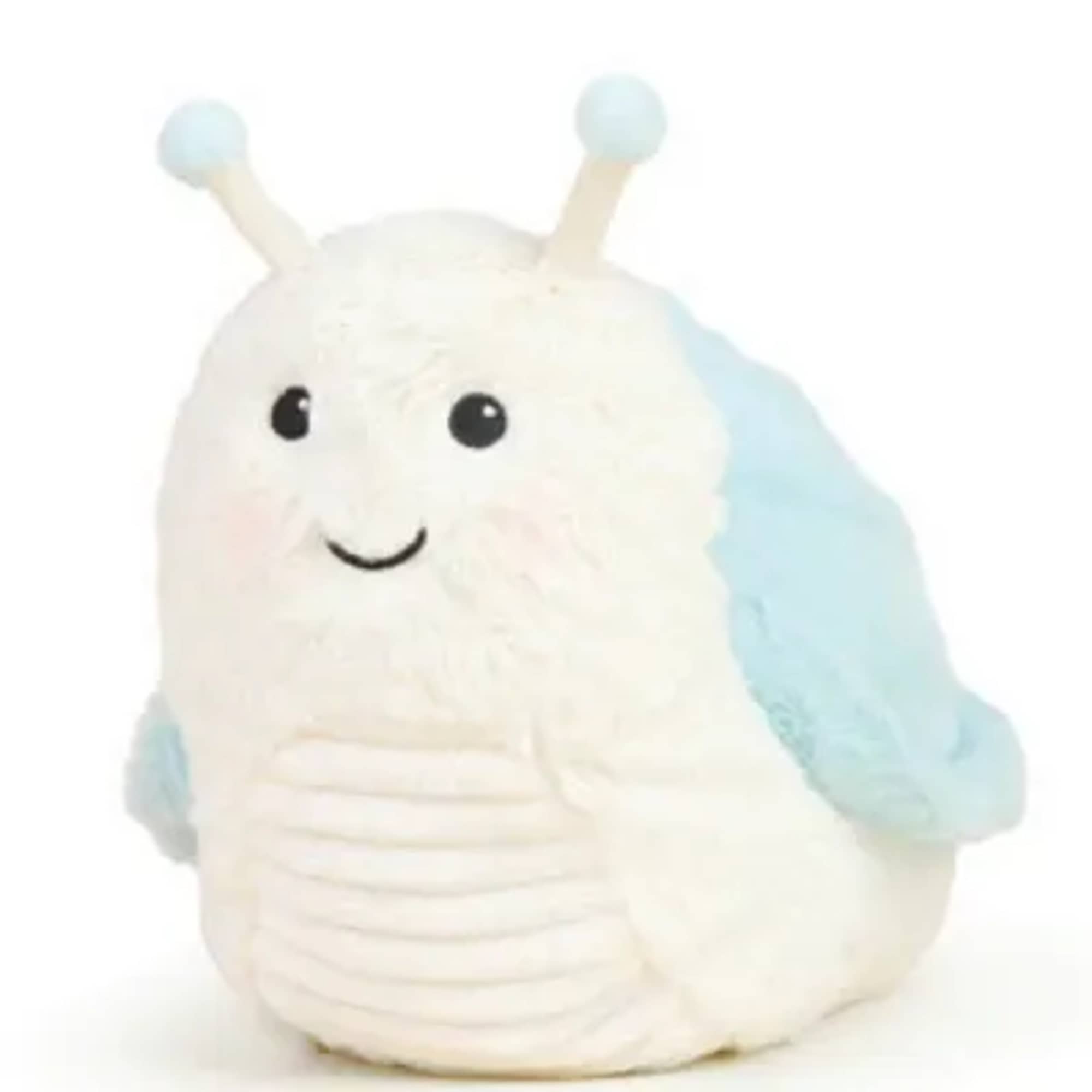 Plush white and light blue snail toy with a smiling face