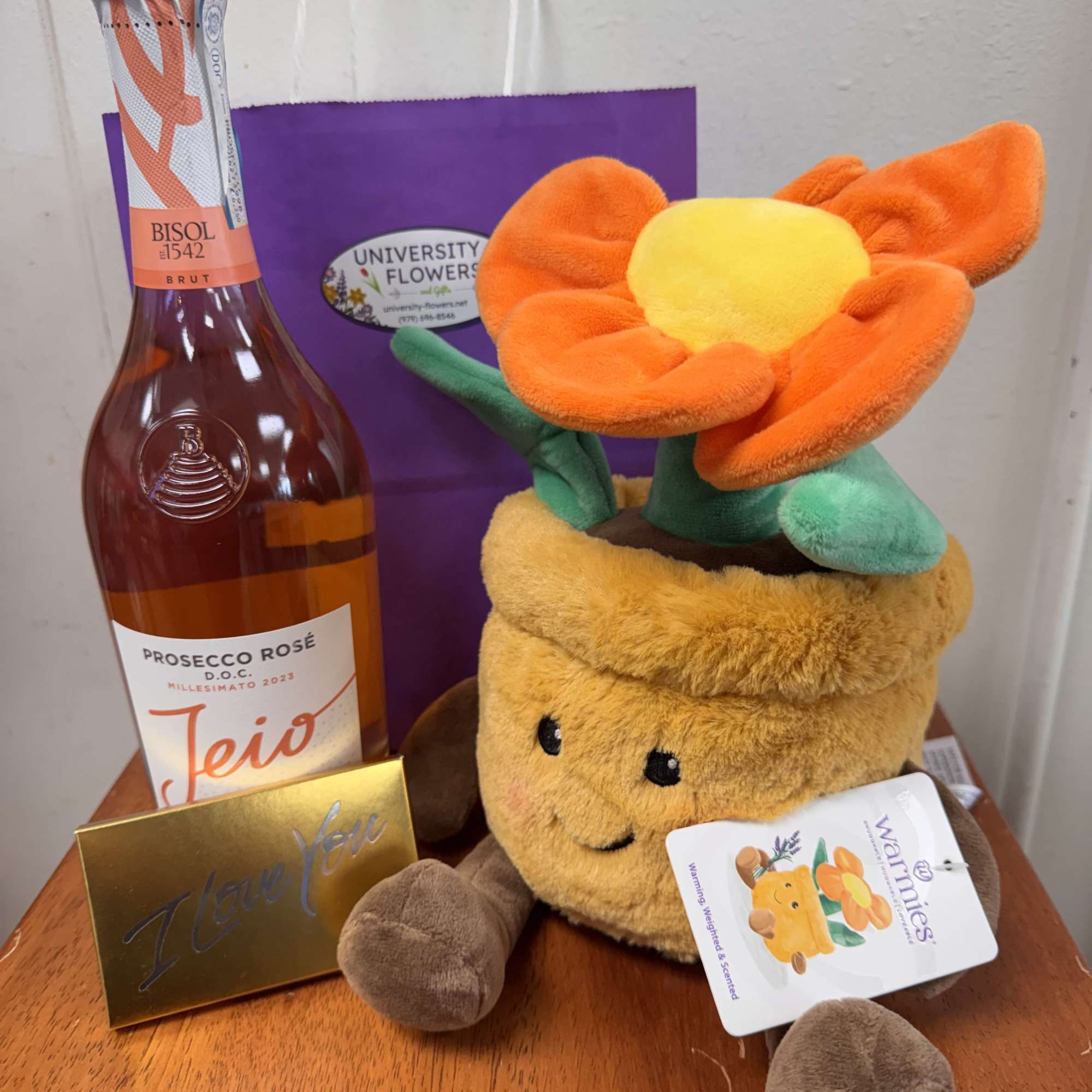 Bottle of Prosecco, Warmie Flower Pot, I love you Chocolate bar, photo 2 of 3
