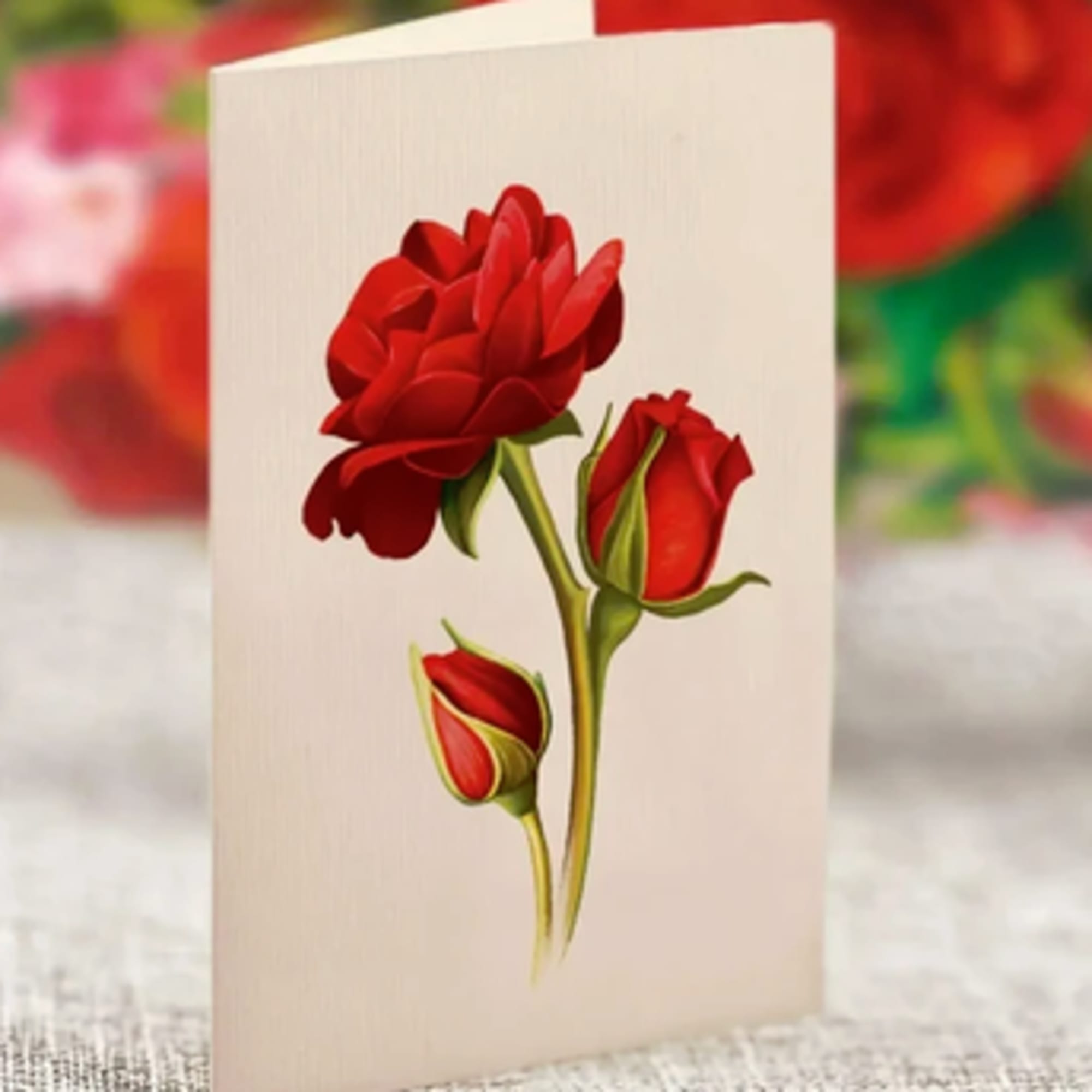Folded card with red rose artwork on the front