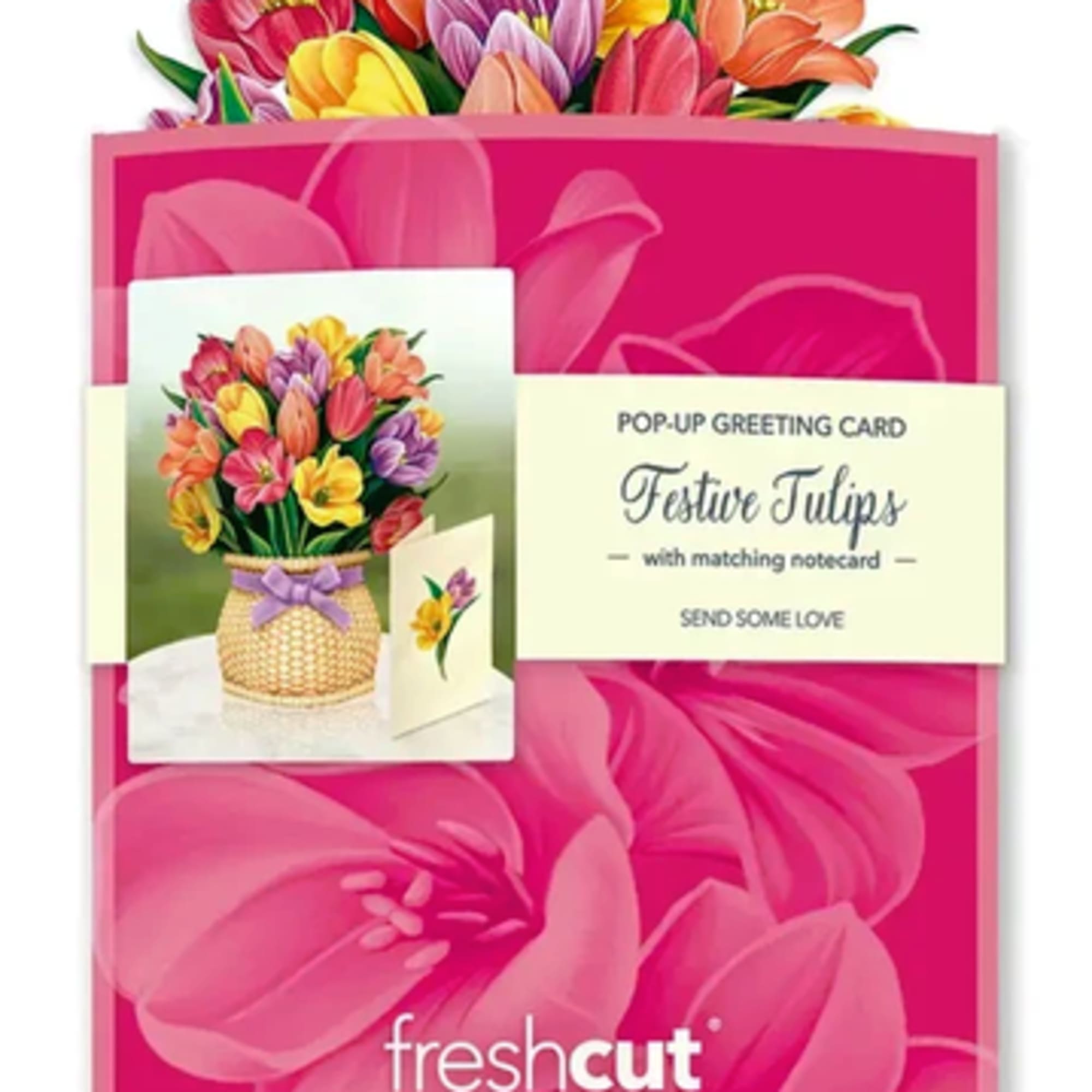 Pop-up greeting card with colorful tulips and a matching note card