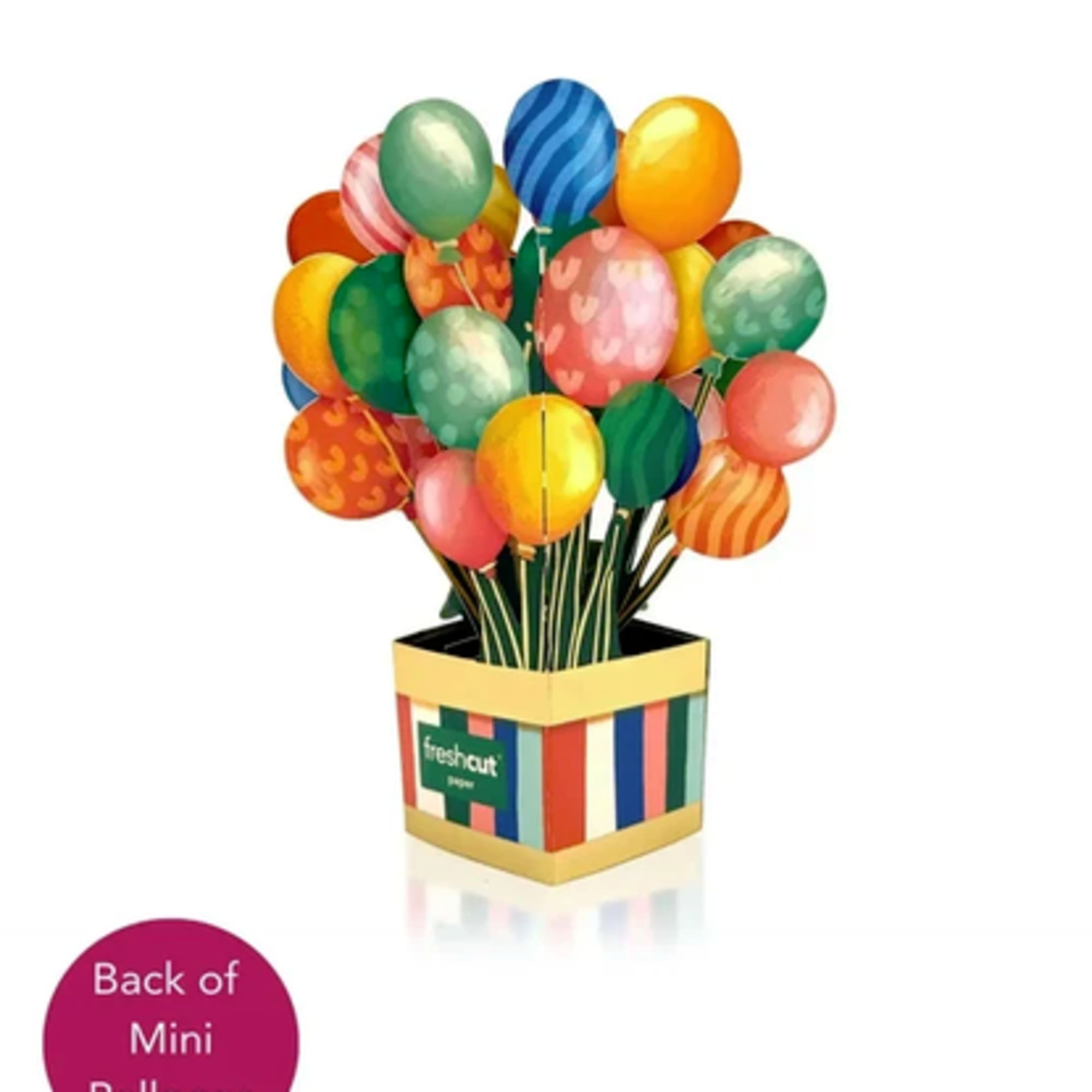 Colorful mini balloons arranged in a striped gift box