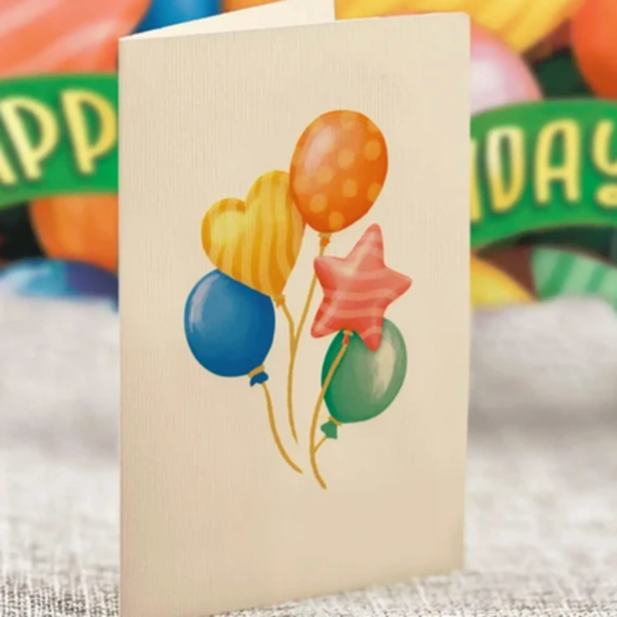 Birthday card with colorful balloon illustrations
