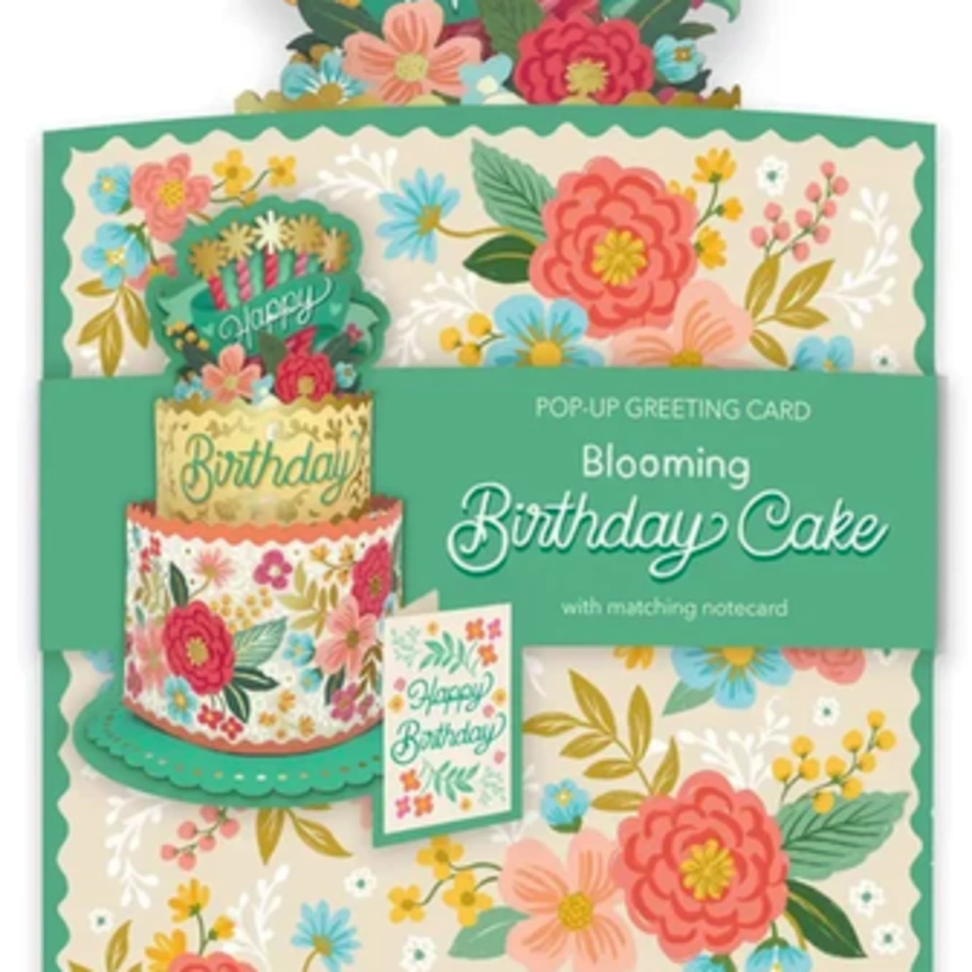 Pop-up birthday greeting card with floral cake design and matching note card