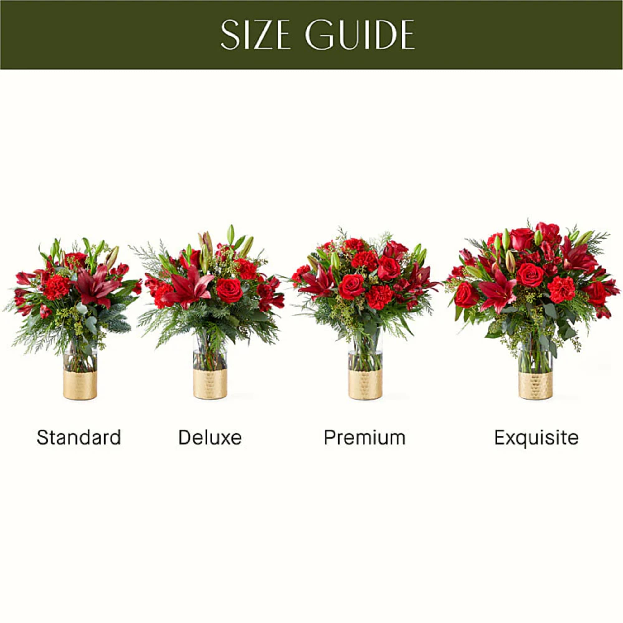 Four red floral arrangements in gold vases labeled by size.