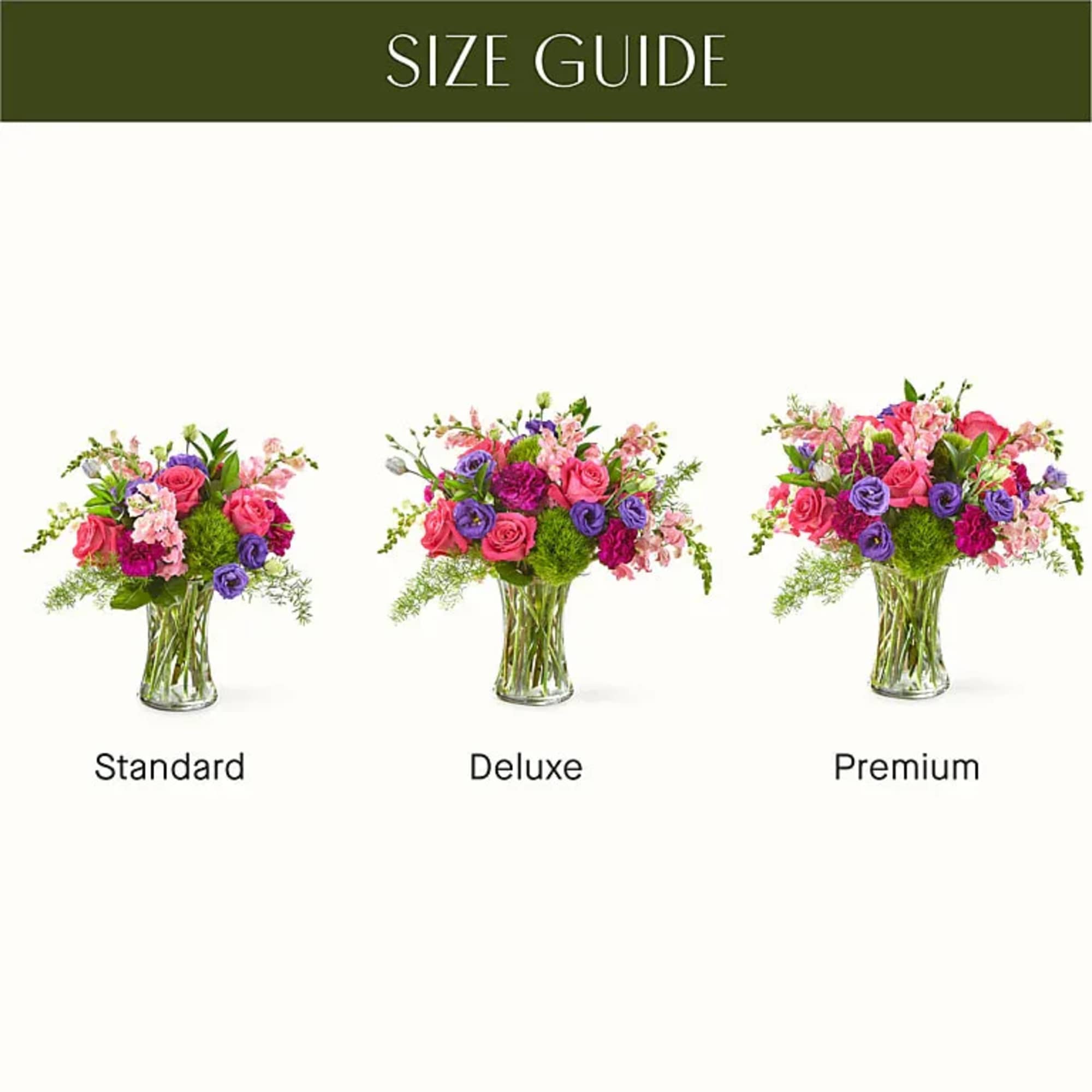 Three mixed flower arrangements in glass vases labeled standard, deluxe, and premium.