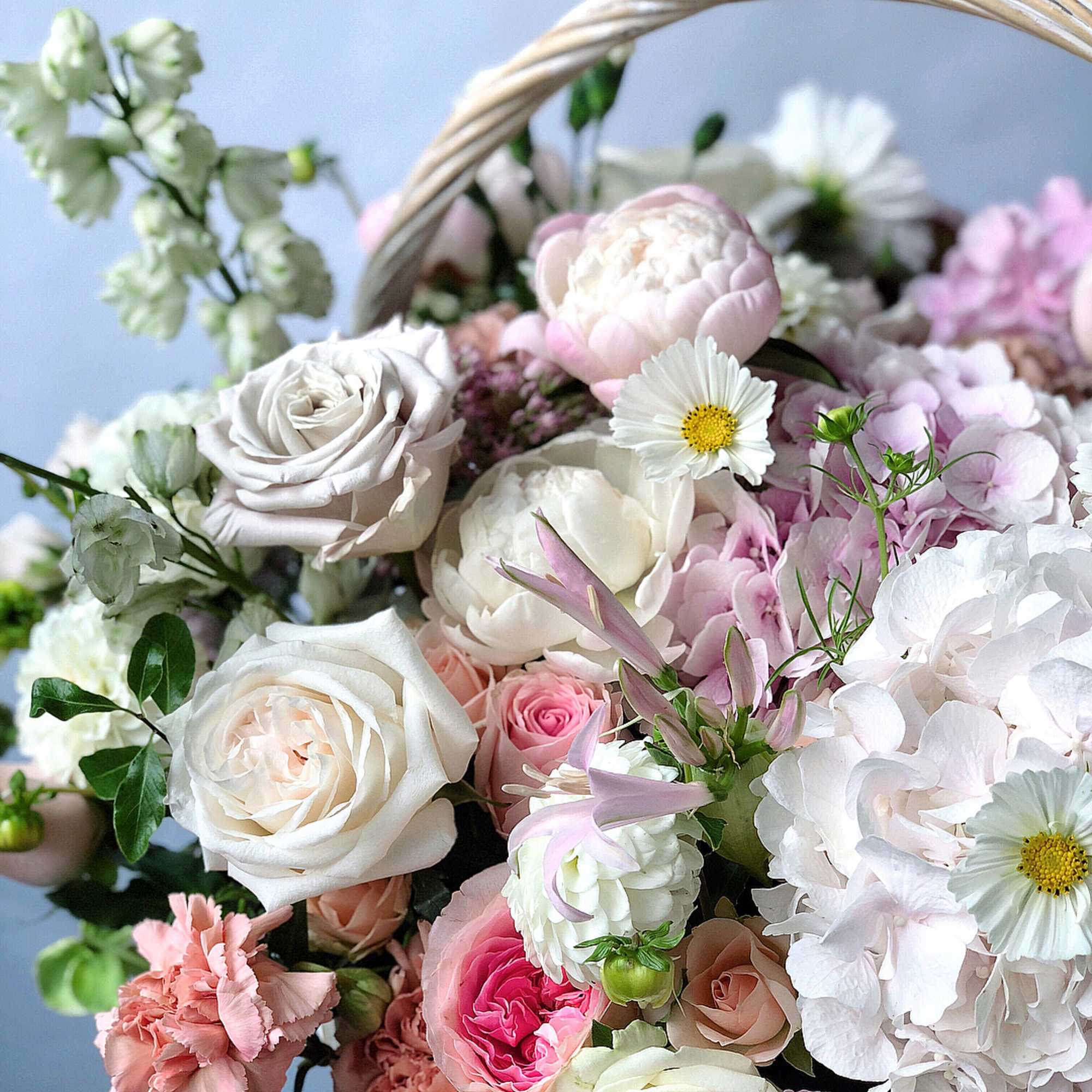 Pastel bouquet with white and pink roses, hydrangea, and small daisy flowers