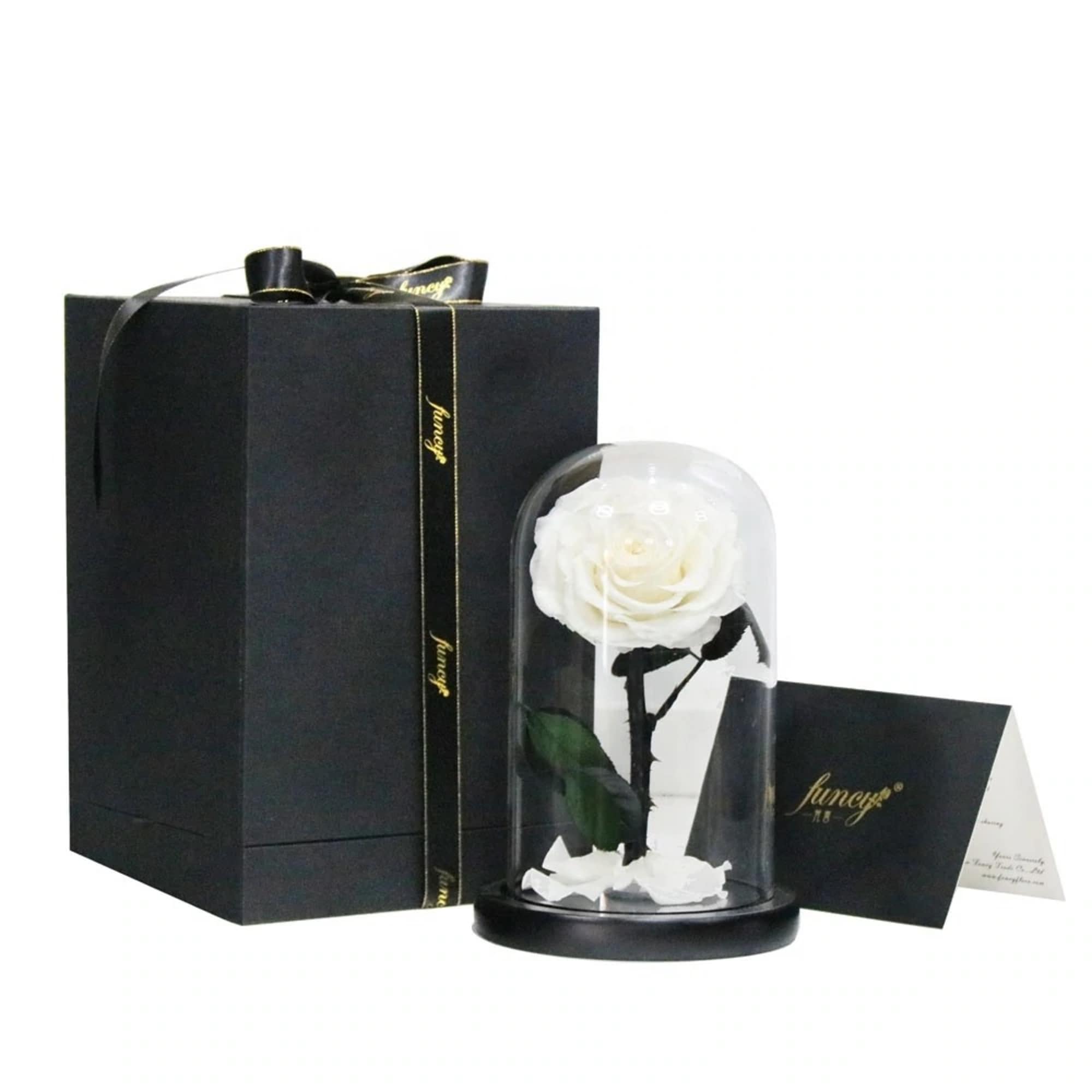 White rose under a glass dome beside a black gift box and card