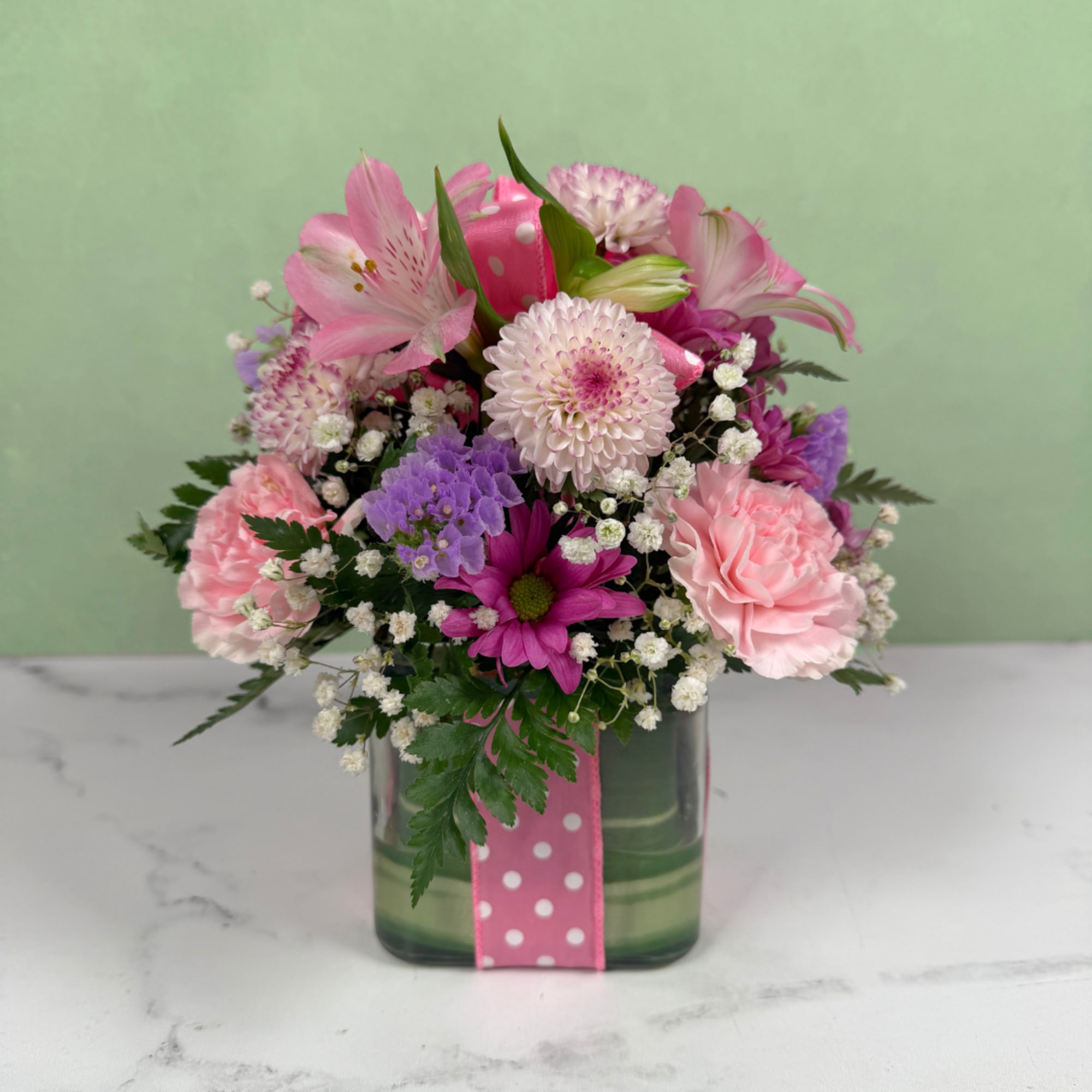 Polka Dot Blooms Bouquet - Light Pink,  featuring a 4" glass
