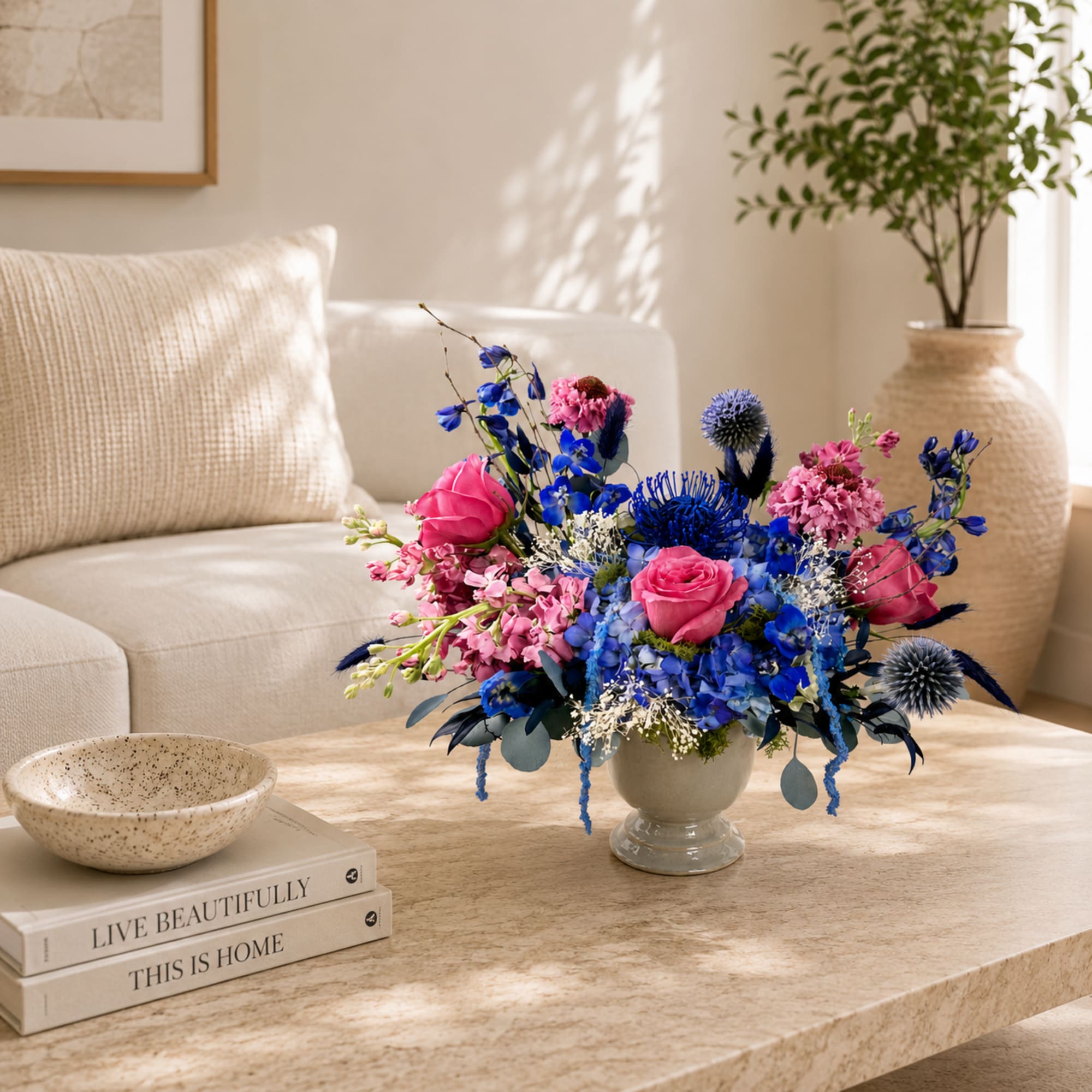 Bright, lively color pops of vivid blue and soft pink make this, photo 2 of 2