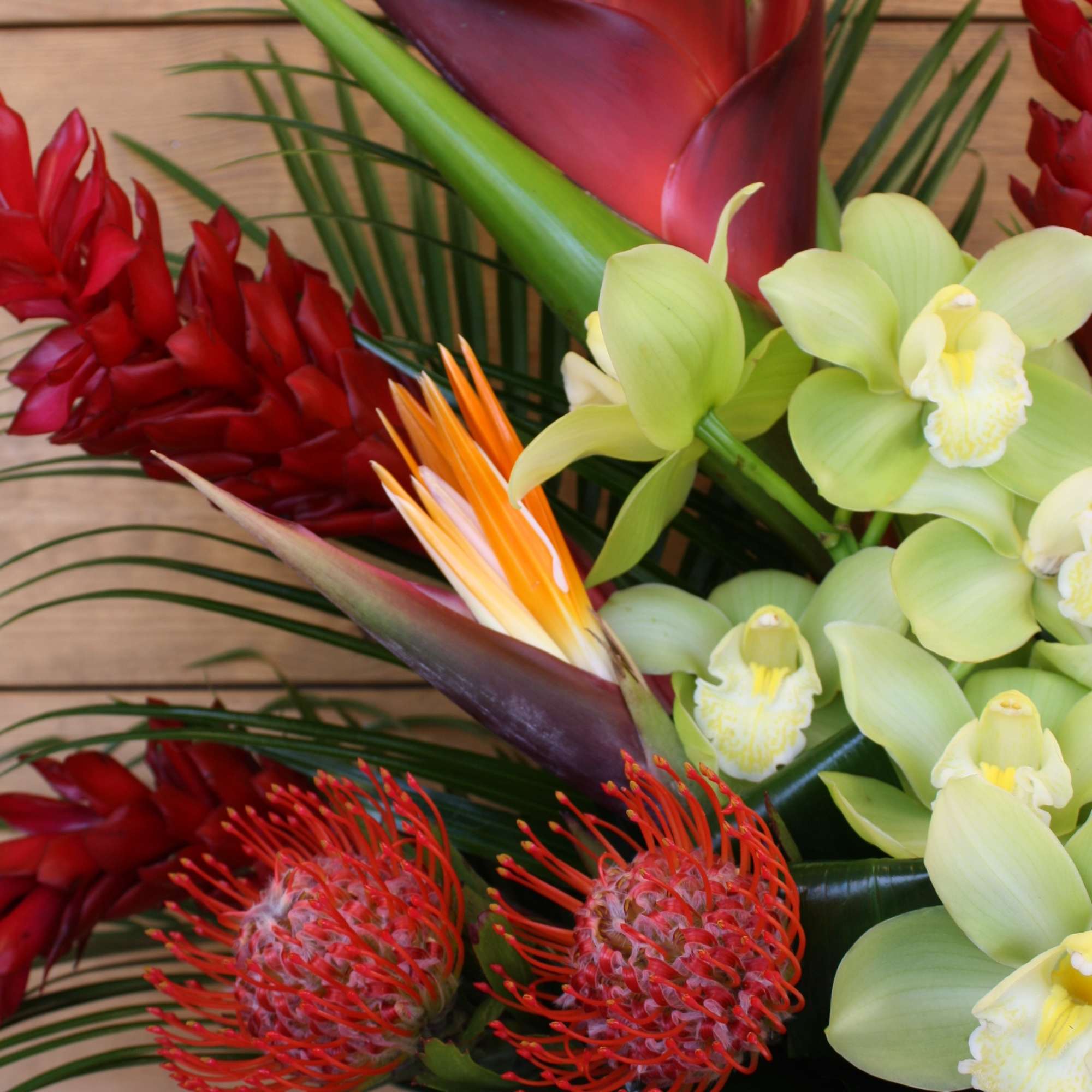 Tropical bouquet with red ginger, green orchids, and orange pincushion protea