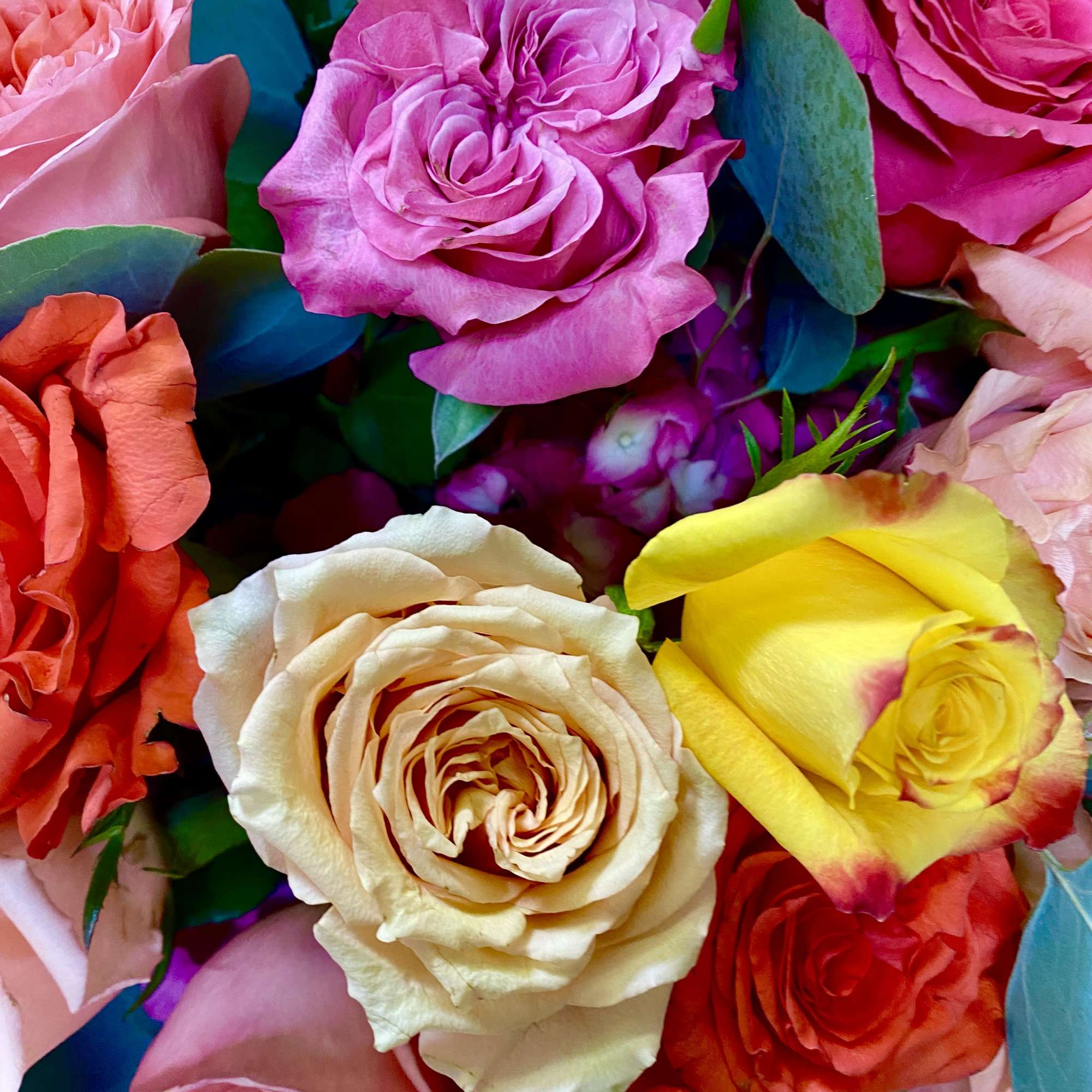 Combination of different colors of flowers in a gold vase