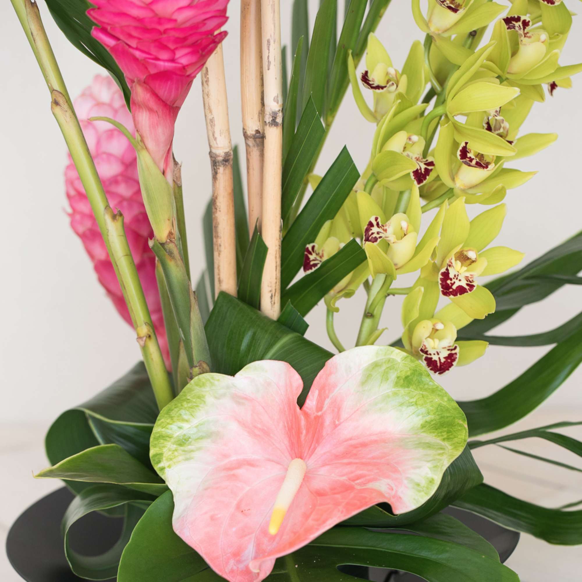 Tropical arrangement with pink ginger, green cymbidium orchids, a pink anthurium, and bamboo accents