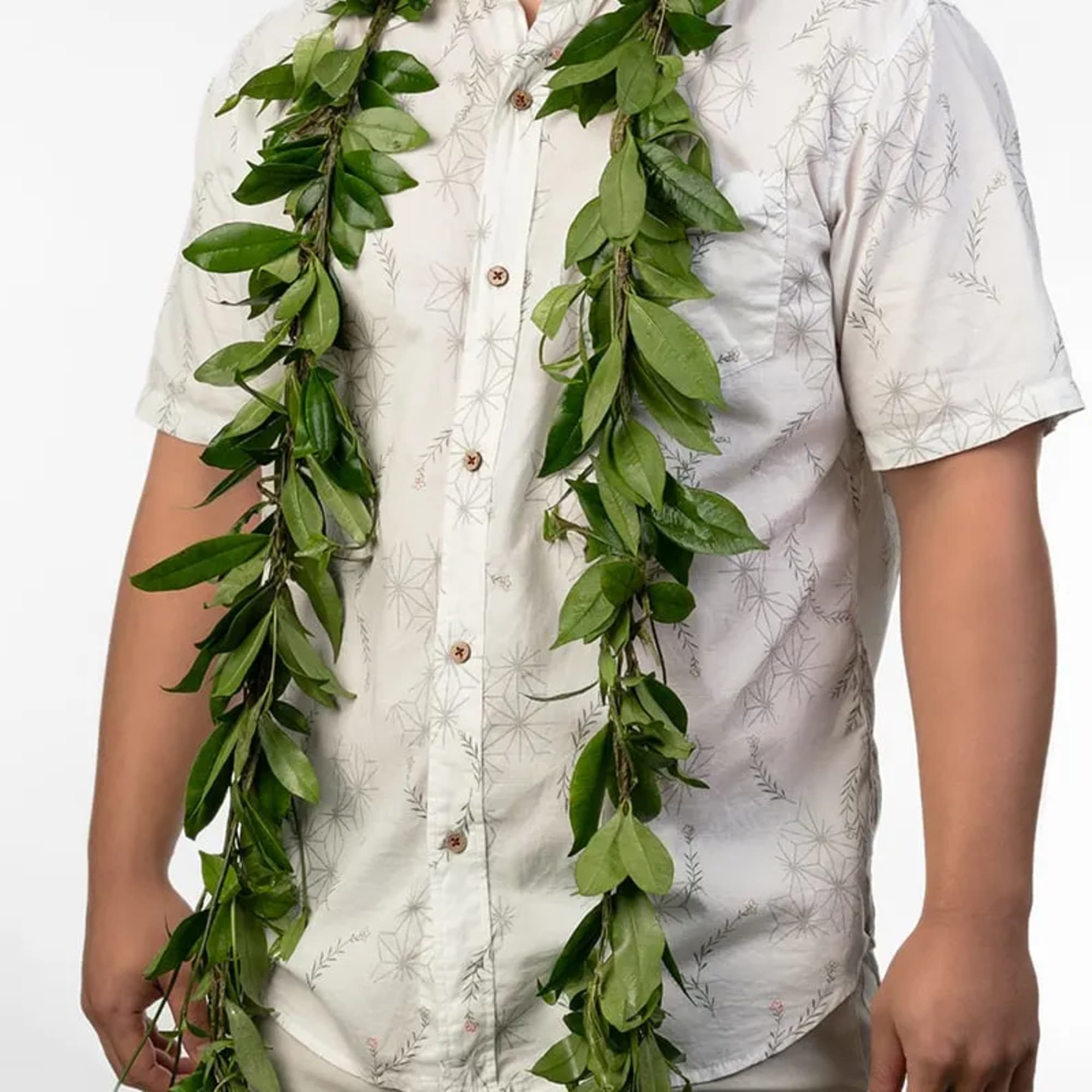Long green leaf lei draped around a person wearing a white shirt