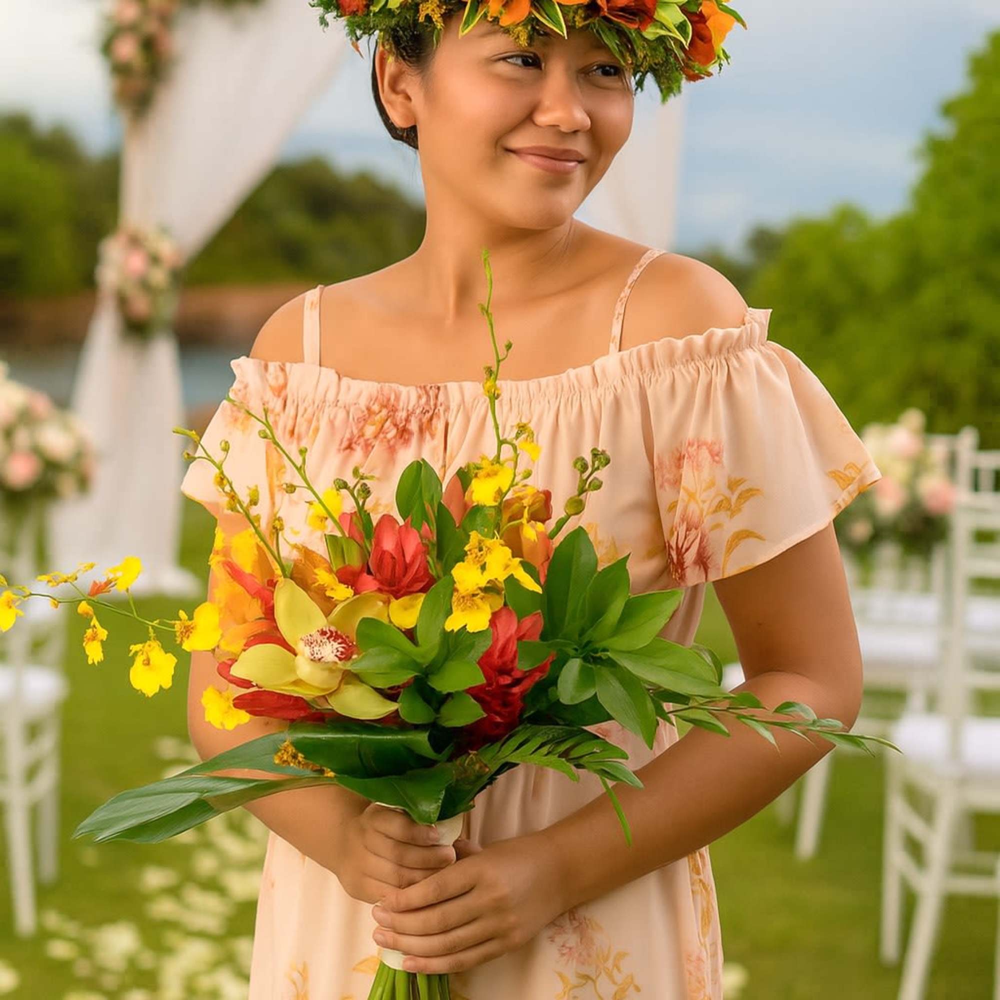 Woman outdoors holding a tropical yellow and red bouquet and wearing a matching flower crown