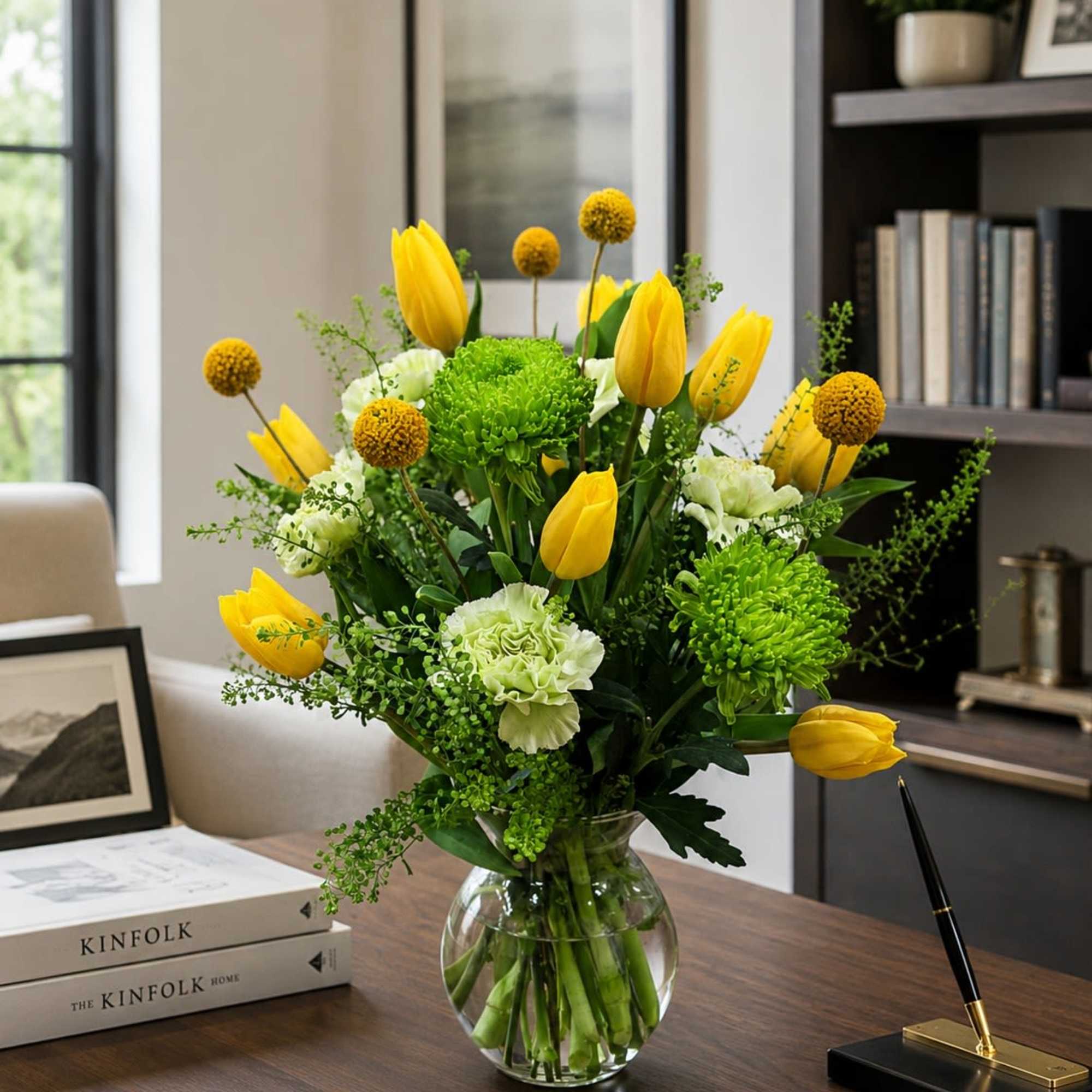Bright yellow tulips take center stage in this spring-ready flower arrangement, perfect