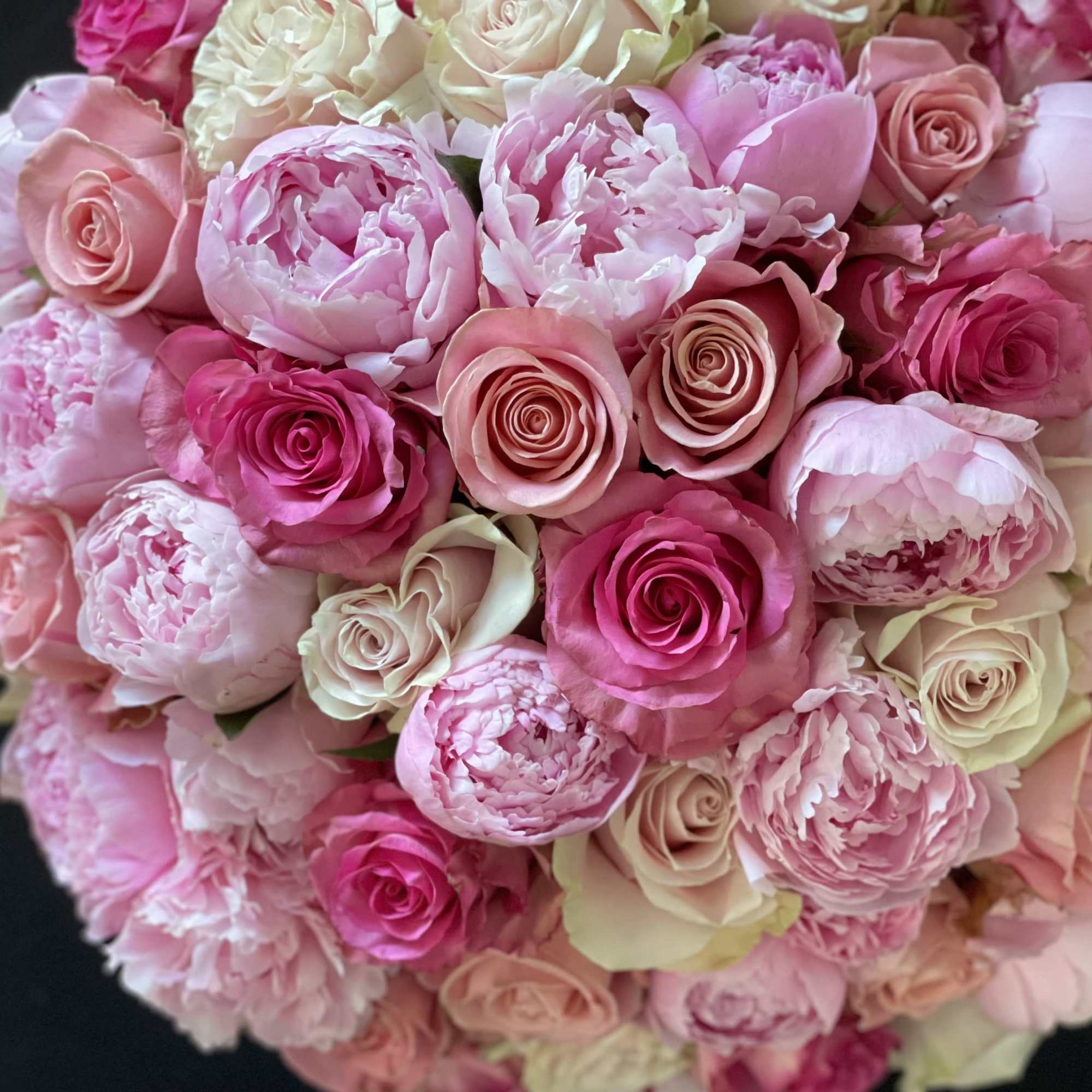 30 pink peonies surrounded by 50 stunning roses in a a white