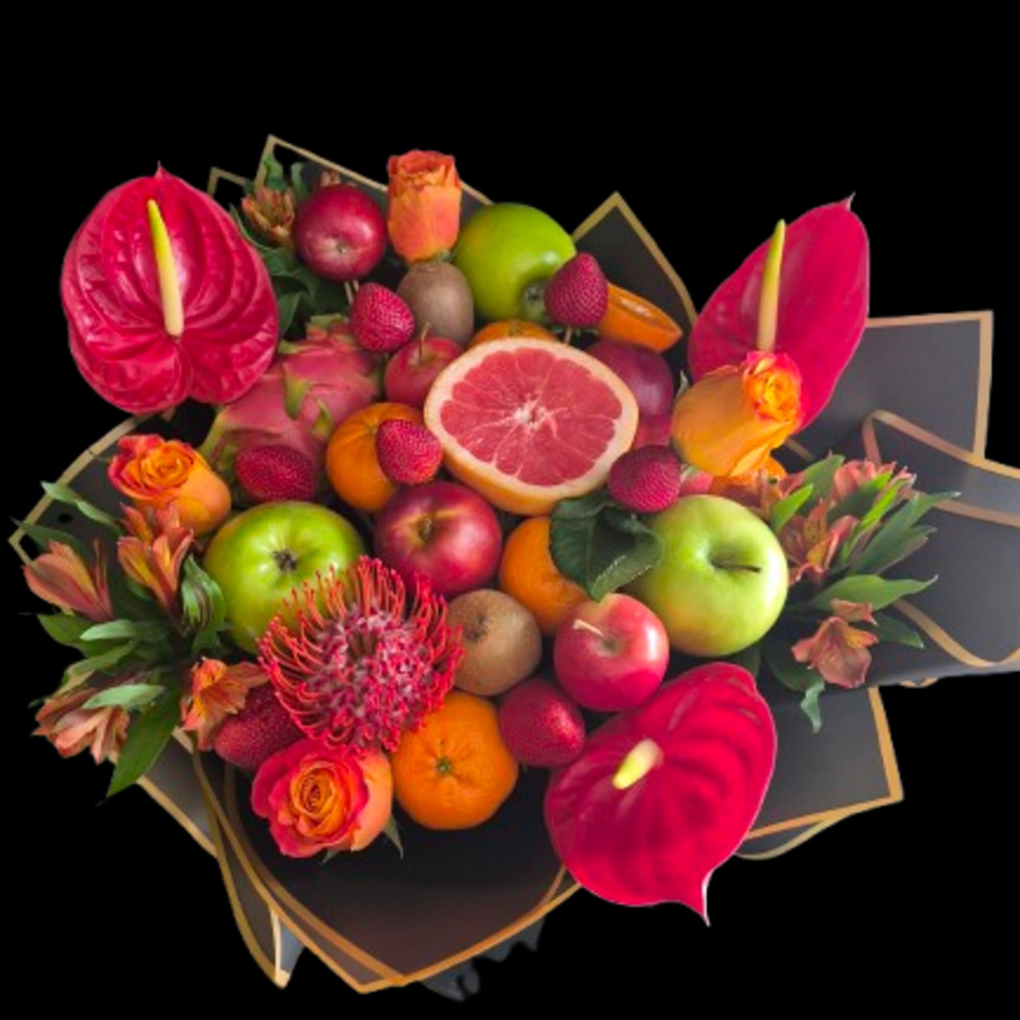 Vivid red anthuriums and petite orange roses create a bold, celebratory bouquet