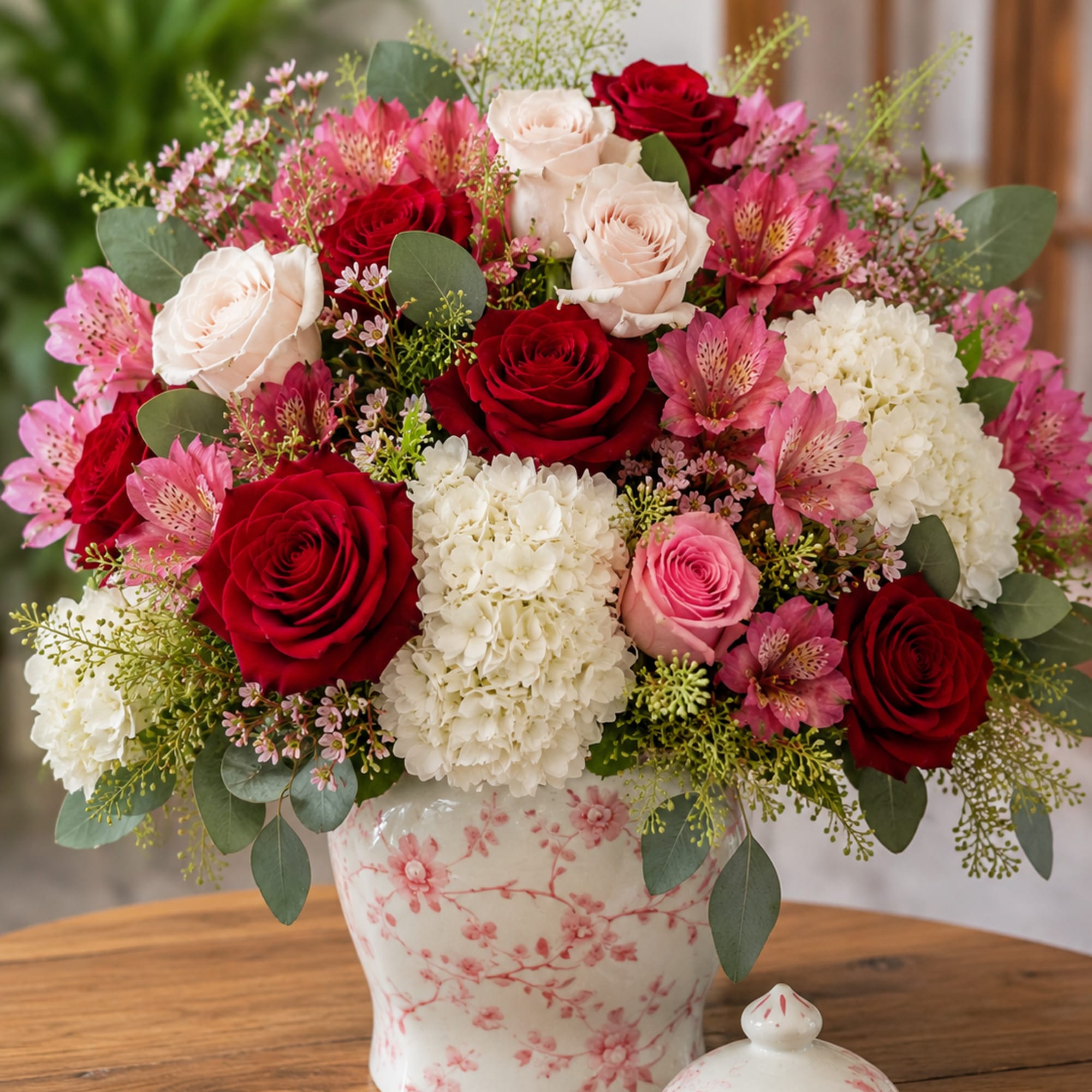 Deep red and blush roses meet a cloud of white hydrangea and