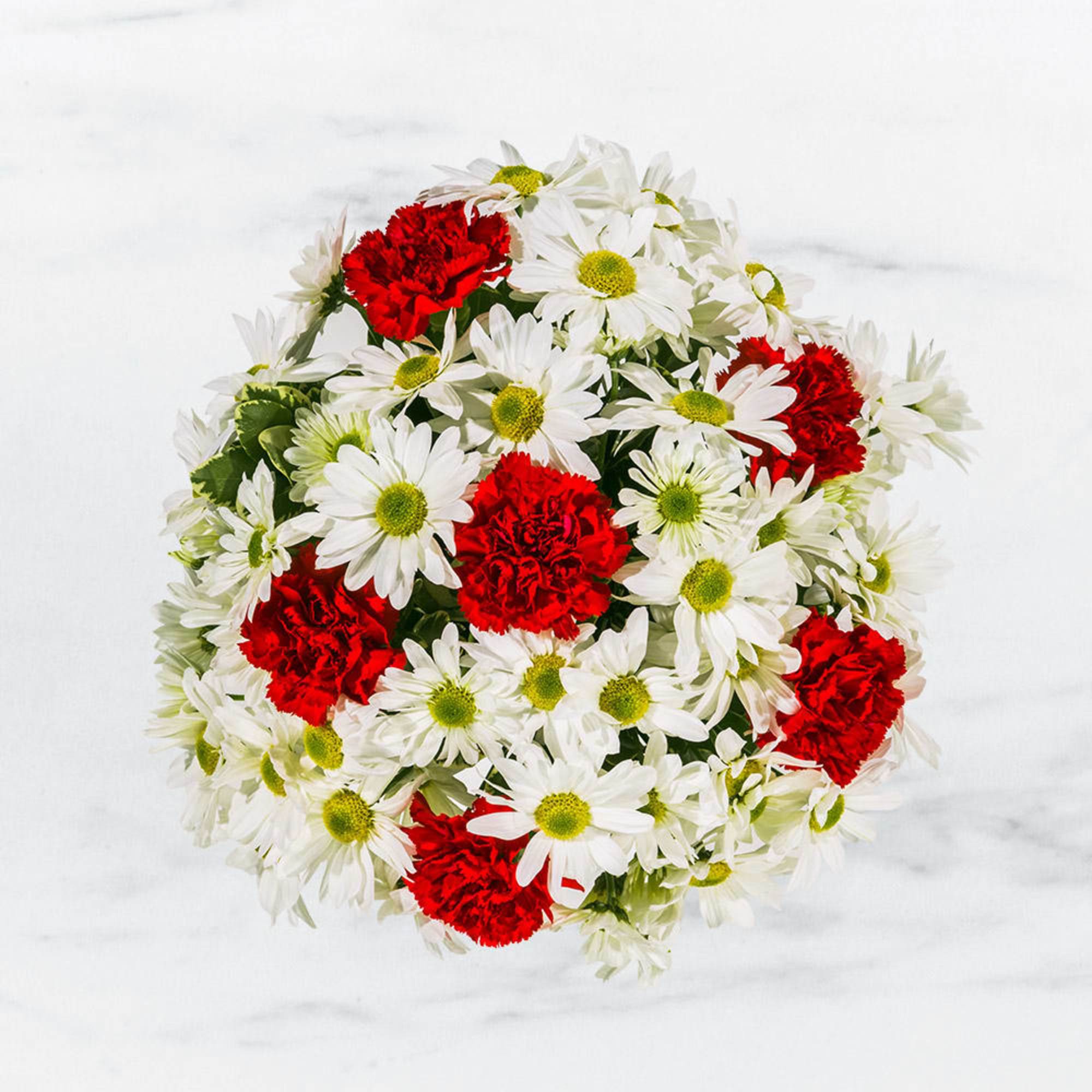 Round bouquet of white daisies and red carnations