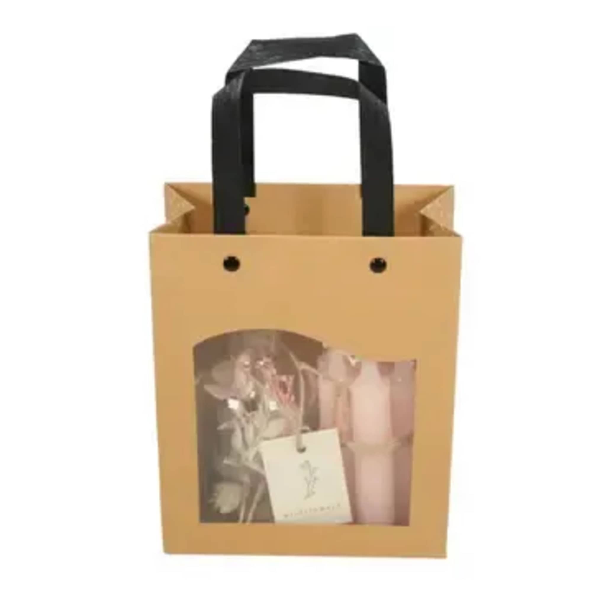 Kraft paper gift bag with black handles and a clear window showing a wrapped floral item