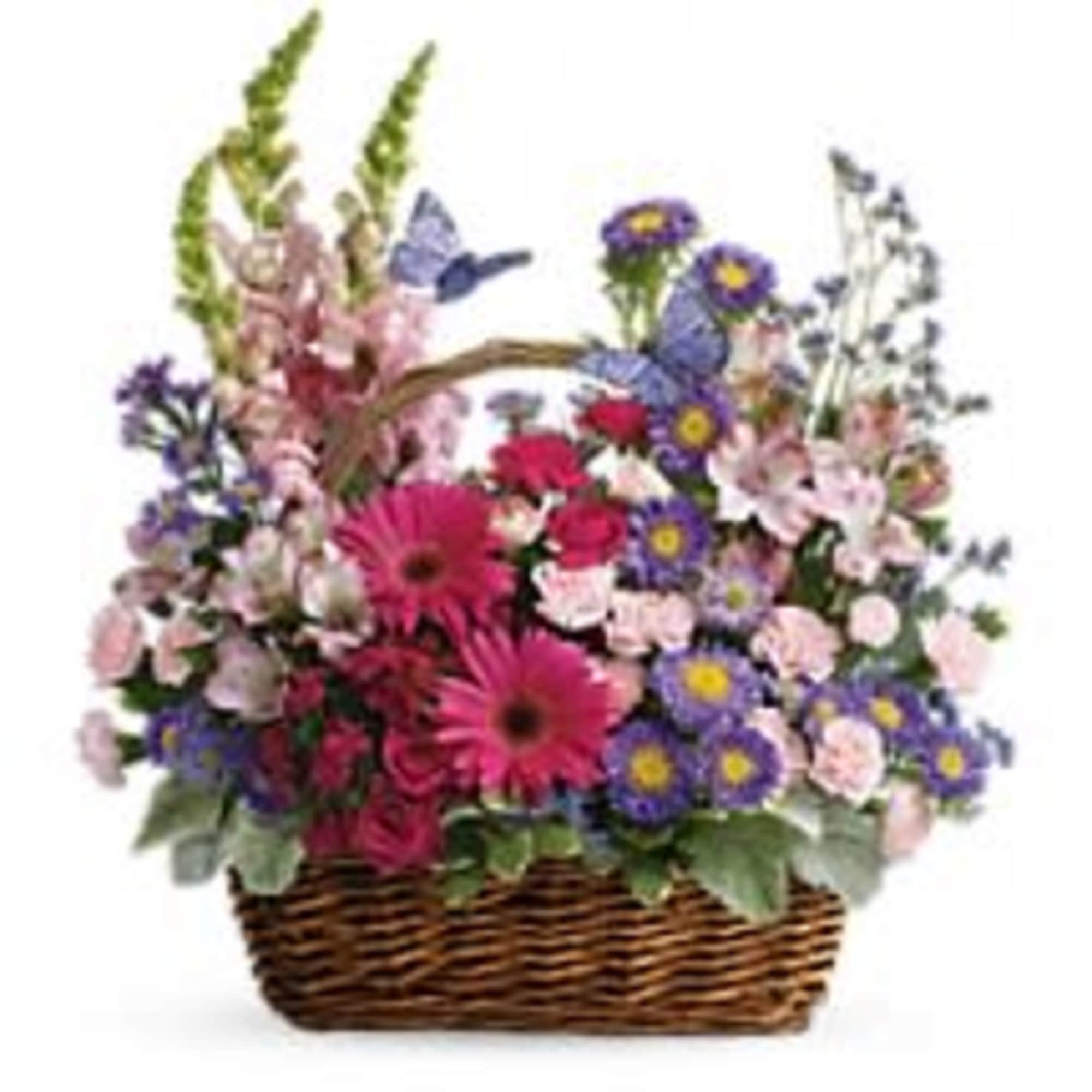 Mixed pink and purple flower basket with gerbera daisies, asters, and butterflies in a wicker container