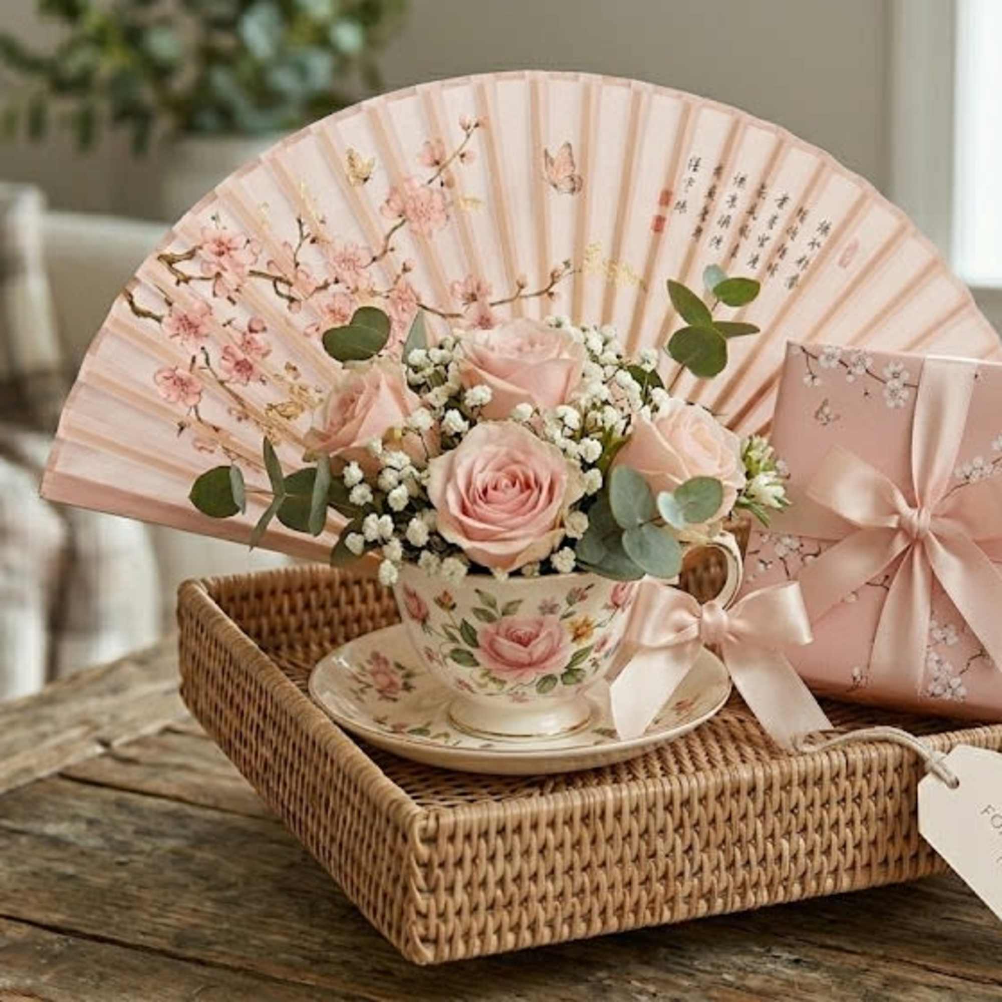 Delicate pale pink roses and tiny white filler flowers are arranged in