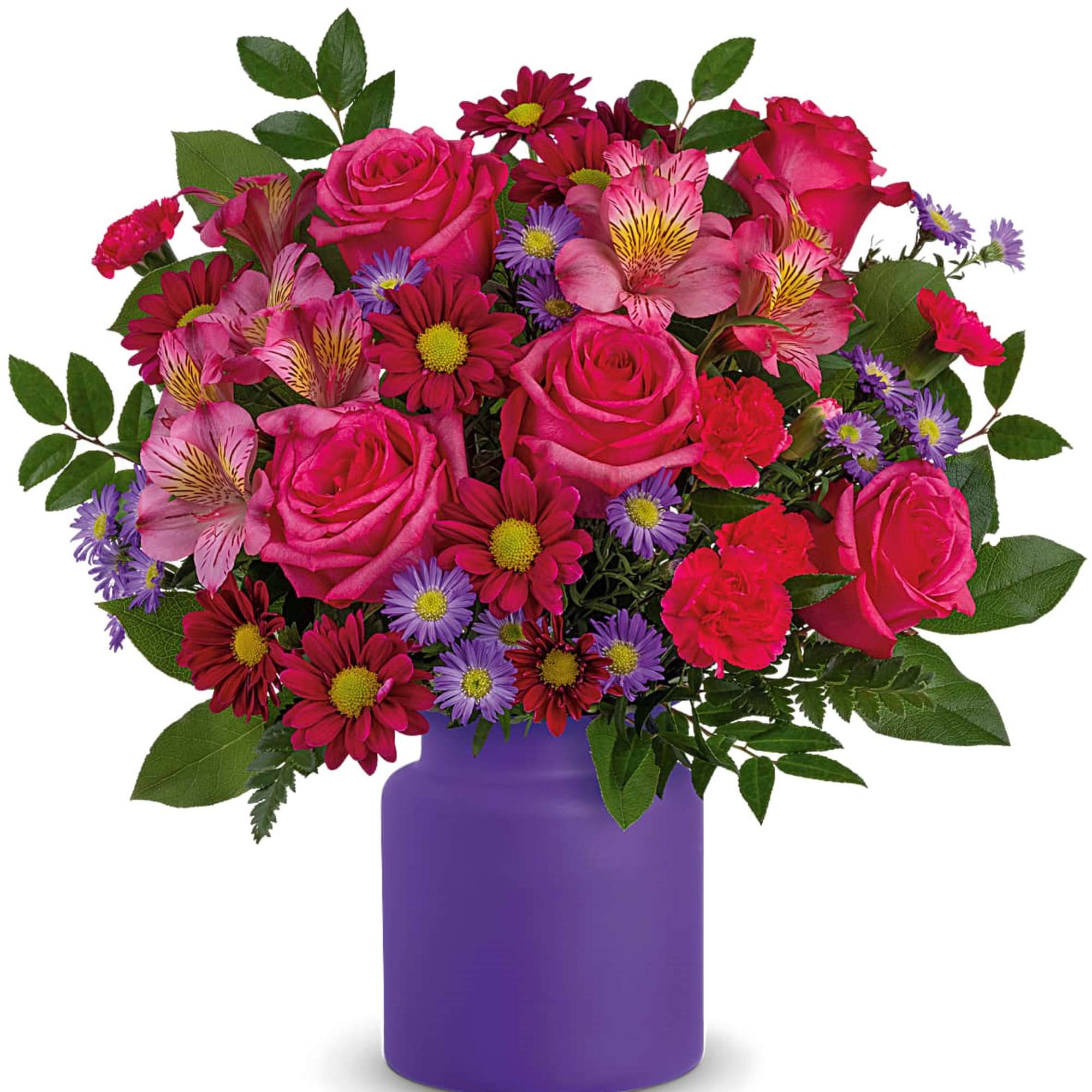 Pink and purple mixed bouquet in a purple vase